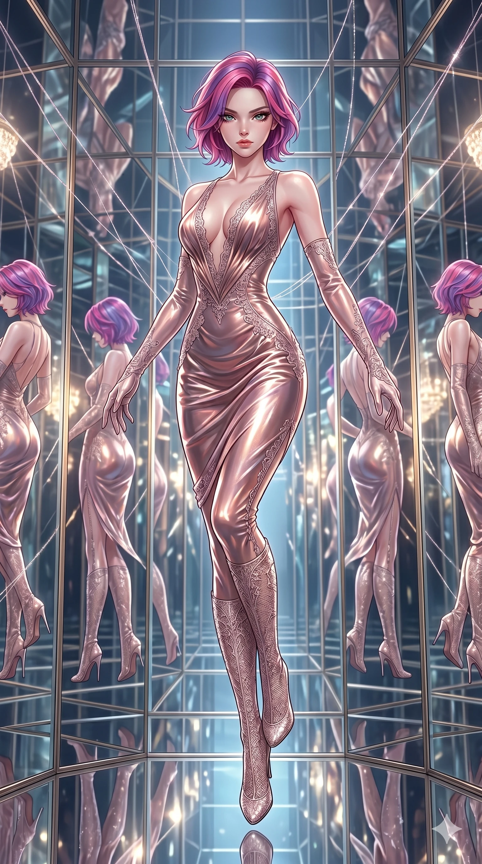 score_9, masterpiece, best quality, ultra-detailed, High-budget Anime Keyframe, East Asian woman. Dynamic full-body shot stretching the vertical silhouette to the limit. Scenario 56: Suspended by invisible silk threads in a hall of mirrors. Her presence is magnetic and overpowering in this high-budget anime scene. Outfit 56: A molten liquid silk mesh with a plunging V-neckline and delicate lace embroidery. The clothing is designed to emphasize her exceptionally tall and slender 8-heads proportion. 8-heads proportion, towering silhouette, ultra-slim waist. sharp v-shaped jawline, intricate jewel-like eyes with depth, thick eyelashes, glossy lips. 2k, ultra detail, master piece, 9:16 ratio