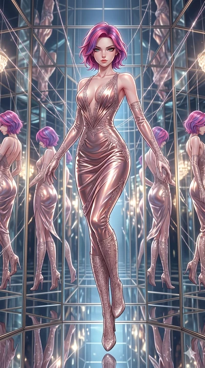 score_9, masterpiece, best quality, ultra-detailed, High-budget Anime Keyframe, East Asian woman. Dynamic full-body shot stretching the vertical silhouette to the limit. Scenario 56: Suspended by invisible silk threads in a hall of mirrors. Her prese