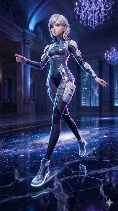 score_9, masterpiece, best quality, ultra-detailed, semi-realistic 3D game render, high-fidelity textures, Unreal Engine 5 style, Caucasian (strictly human ears) anime girl. Dynamic full-body shot stretching the vertical silhouette with extreme persp