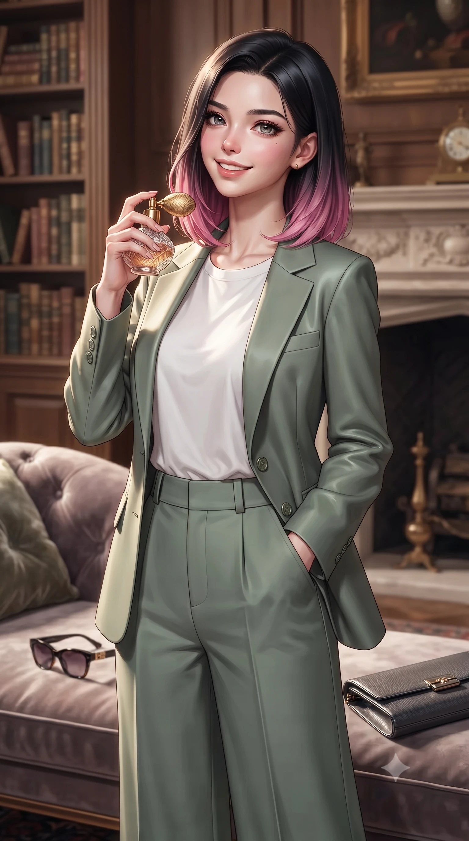 score_9, masterpiece, best quality, ultra-detailed, high-budget anime keyframe, editorial fashion photography, tasteful artistic composition, Korean woman. close-up cowboy shot from the waist and thighs up, the character dominates the composition, filling the frame with her large presence, background elements kept in soft focus. holding a vintage perfume bottle to her neck, smiling with quiet magnetic self-assurance set against a soft-focus background of inside an exclusive historic manor library with a pair of designer sunglasses and a sleek leather clutch bag on the lounger. She has an exceptionally elegant, slender, and willowy female figure with an ultra-slim waist, a gracefully sculpted slender torso, and a refined silhouette. sharp v-shaped jawline, high-bridge nose, intricate jewel-like eyes with depth, thick eyelashes, glossy lips with a natural sheen. wearing form-contouring sage green semi-opaque chiffon tailored casual blazer paired with a loose tee and wide-leg trousers featuring refined tailored seams. accented by a single dramatic key light highlighting her statuesque posture and slim waist. highly saturated vibrant anime colors, detailed shading with soft gradients, rich glossy textures, high-contrast stereoscopic depth, volumetric dynamic lighting, master piece, 9:16 ratio