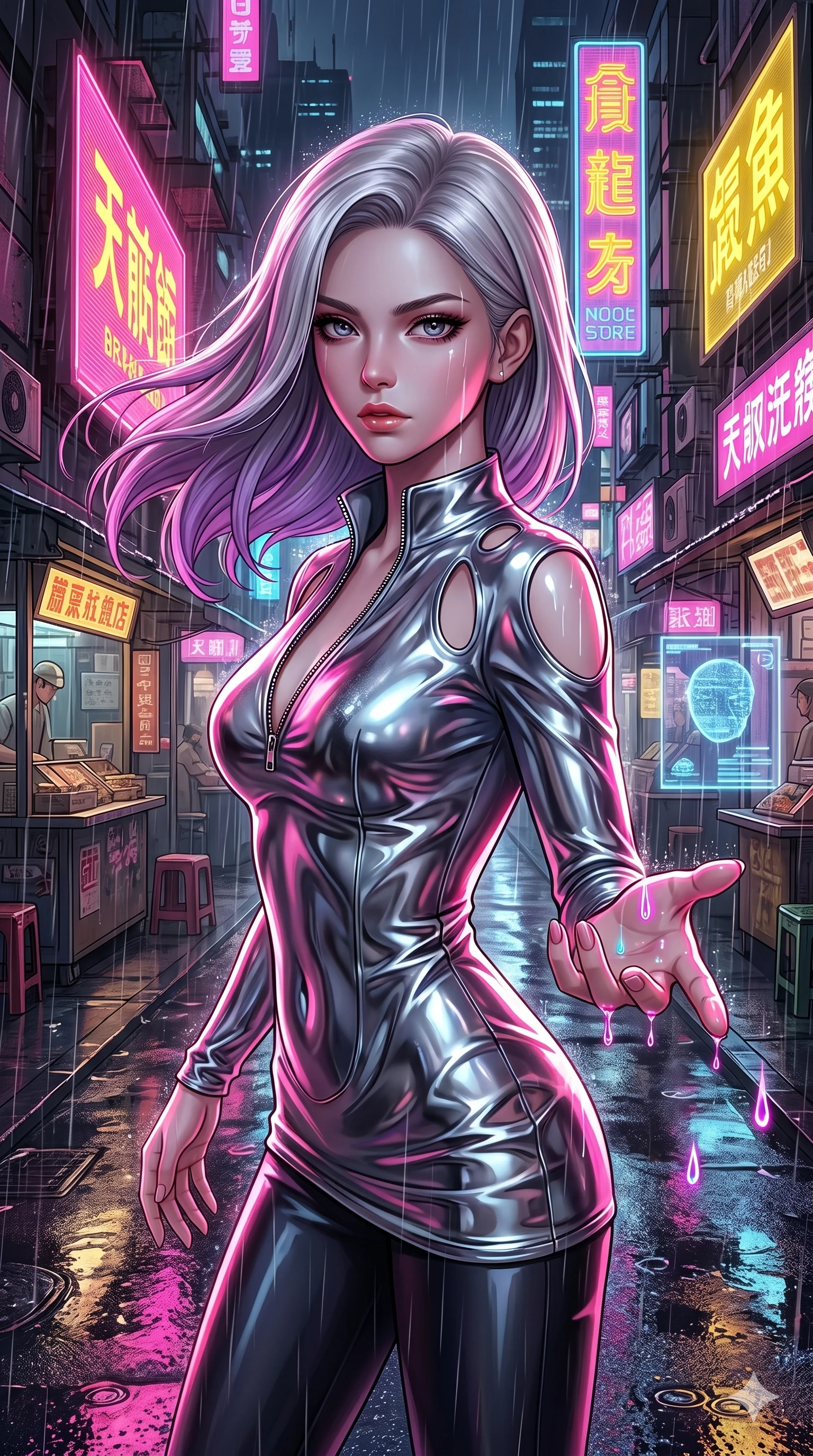 score_9, masterpiece, best quality, ultra-detailed, high-budget anime keyframe, semi-realistic 3D game render, Caucasian woman, strictly human ears. Upper body close-up from the thighs up, character filling the screen for maximum presence. She is turning around sharply in a futuristic night market, with rain reflections on wet asphalt. She reaches out a hand to catch neon-lit rain droplets with an intense, magnetic gaze. She has an absolutely perfect 8-heads proportion, an exceptionally tall and slender female figure with impossibly long slender legs and an ultra-slim waist. V-shaped jawline, high-bridge nose, intricate jewel-like eyes with depth, thick eyelashes, glossy lips with a natural sheen. She is wearing a form-fitting top made of molten liquid-mercury fabric that clings to her curves, with strategic tear-drop shoulder cutouts and a dangerously unzipped front collar. The scene is lit by bright pink and yellow neon billboards and a sharp white key light tracing her silhouette. 2k, ultra detail, master piece, 9:16 ratio