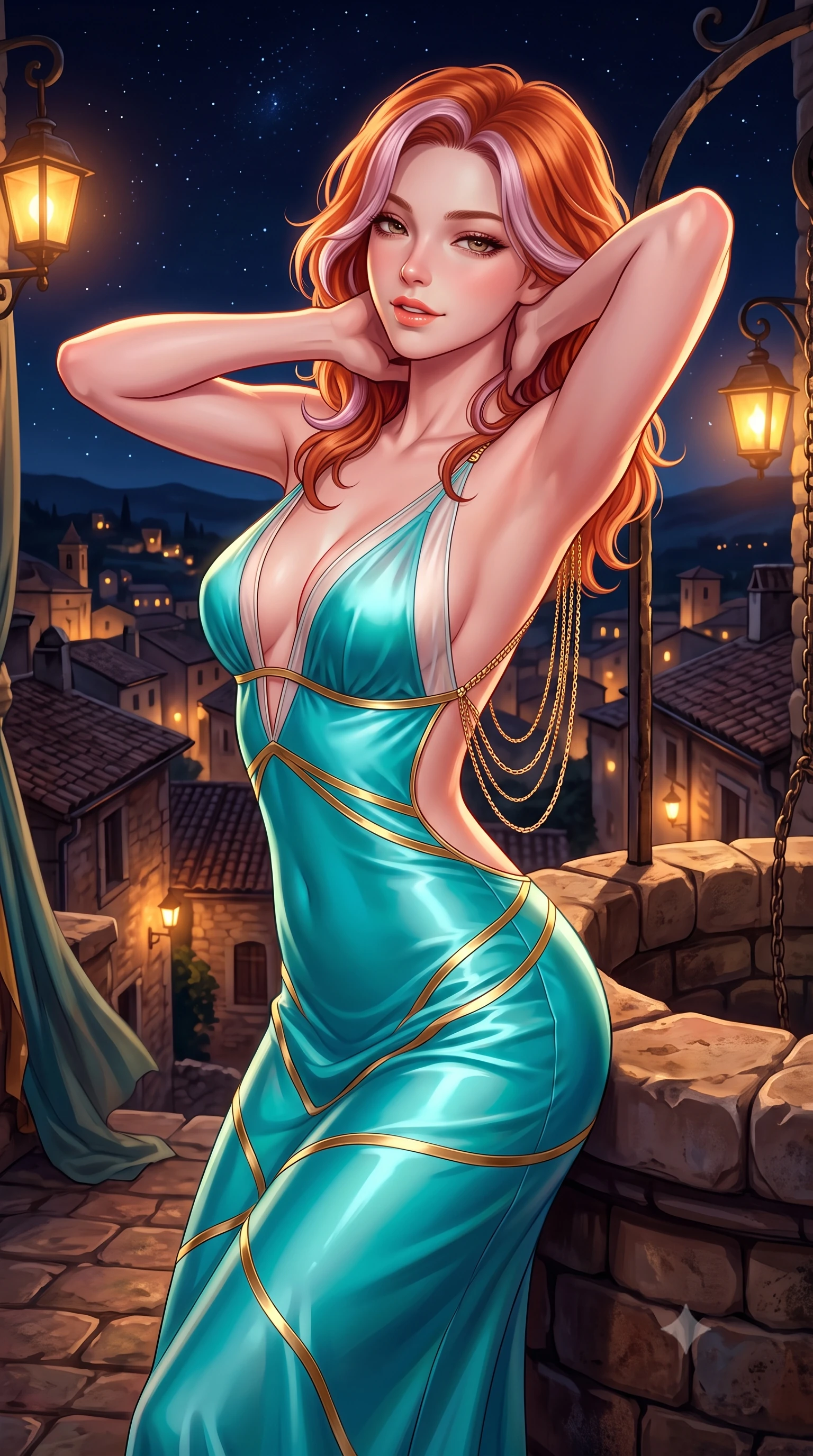 score_9, masterpiece, best quality, ultra-detailed, high-budget anime keyframe, semi-realistic 3D game render, editorial fashion photography, tasteful artistic composition, Caucasian woman. close-up cowboy shot from the waist and thighs up, the character dominates the composition, filling the frame with her large presence. resting both hands lightly behind her neck with elbows raised, arching her spine to highlight her narrow waist, flat midriff, and breathtaking collarbones while leaning against the rustic stone wellhead with hips cocked back, looking over illuminated medieval village rooftops with smoldering bedroom-eyes. The surrounding environment is rendered in vivid detail and crisp panoramic clarity: detailed garment drape, silhouette contours, and historic Provençal stonecraft in razor-sharp precision. She has an exceptionally elegant, slender, and willowy female figure with an ultra-slim waist, flat toned midriff, narrow ribcage, and sculpted feminine hips creating an alluring, slim hourglass silhouette without bulk. sharp v-shaped jawline, high-bridge nose, intricate jewel-like sparkling eyes with depth, thick eyelashes, glossy parted lips with a natural peach sheen, bright cheerful beaming smile with an enchanting and coquettish sensual glint, exuding both youthful cute charm and seductive allure, flawlessly proportioned anatomical accuracy, strict slender model proportions, natural body alignment, perfectly sculpted long slender limbs, ultra-slim waistline, clean dynamic posture without body distortion. wearing a plunge-front sheer illusion tulle slip dress with liquid gold ribbon stripes hugging her curves in Sentosa tropical coral reef teal and pure iridescent pearl, crafted from fluid liquid silk satin that clings smoothly to her narrow waist and rounded hips with a dewy sheen, accented with an open-back drape framed by falling strands of delicate gold chains, the precision-cut side openings and low-back scoop framing her graceful spine and the sensual sweep of her slim, toned hips. bathed in the romantic amber 2200K gas lantern glow contrasted with deep midnight sky and starlight. highly saturated vibrant anime colors, detailed shading with soft gradients, rich glossy textures, high-contrast stereoscopic depth, volumetric dynamic lighting, master piece, 9:16 ratio