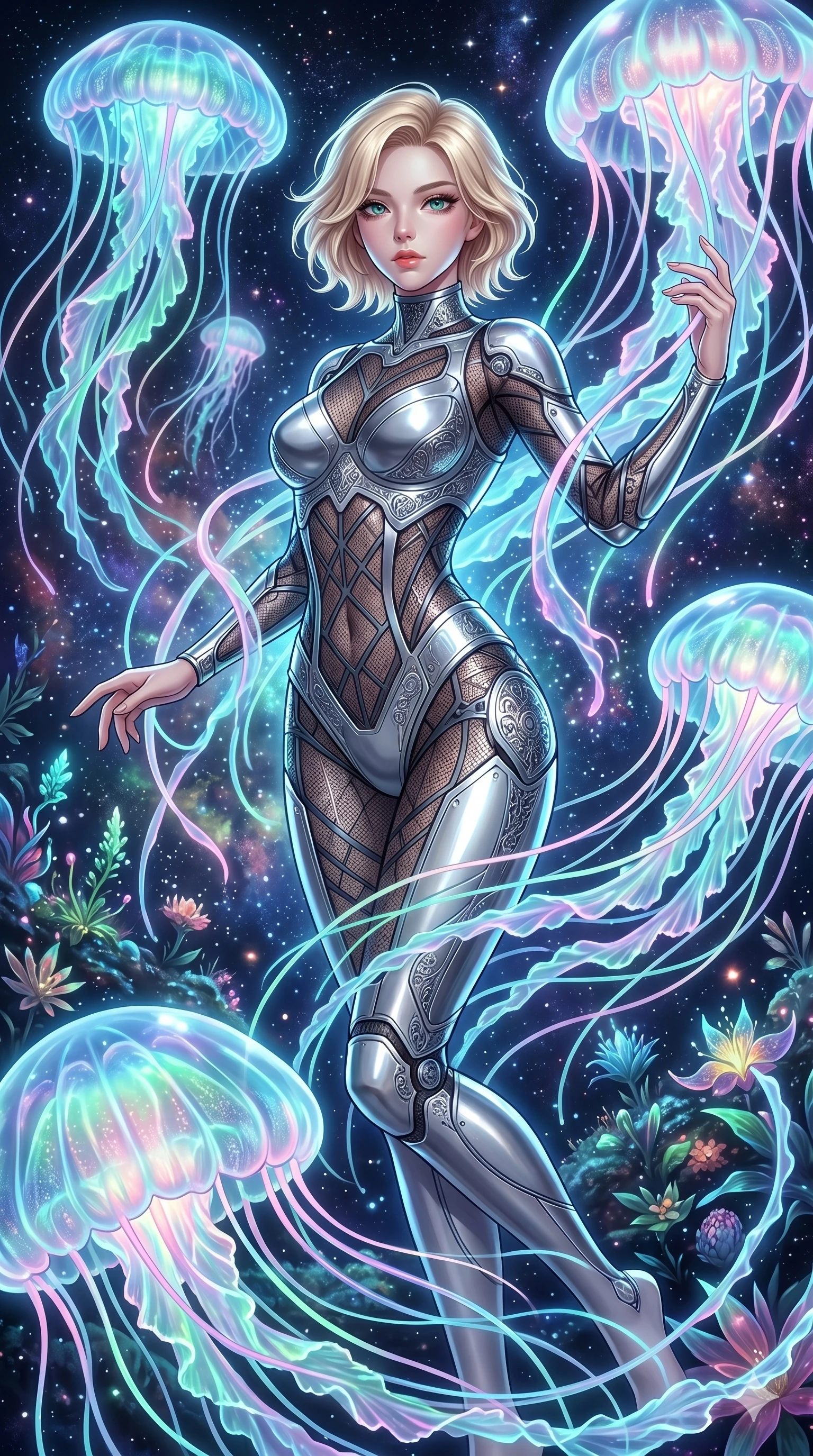 score_9, masterpiece, best quality, ultra-detailed, high-budget anime keyframe, Korean woman. upper body close-up from the thighs up, character filling the screen for maximum presence. swirling gracefully among the glowing ribbon-like tentacles of giant bioluminescent jellyfish floating in a starry sky garden. She has an absolutely perfect 8-heads proportion, an exceptionally tall and slender female figure with impossibly long slender legs and an ultra-slim waist. V-shaped jawline, high-bridge nose, intricate jewel-like eyes with depth, thick eyelashes, glossy lips with a natural sheen.. wearing a bionic chrome plate bodysuit, featuring silver chrome plates covering the bust and hips, connected by semi-opaque geometric mesh panels. lit by a soft glowing ambient light and a sharp side key light that traces the sleek contours of her athletic build. 2k, ultra detail, master piece, 9:16 ratio