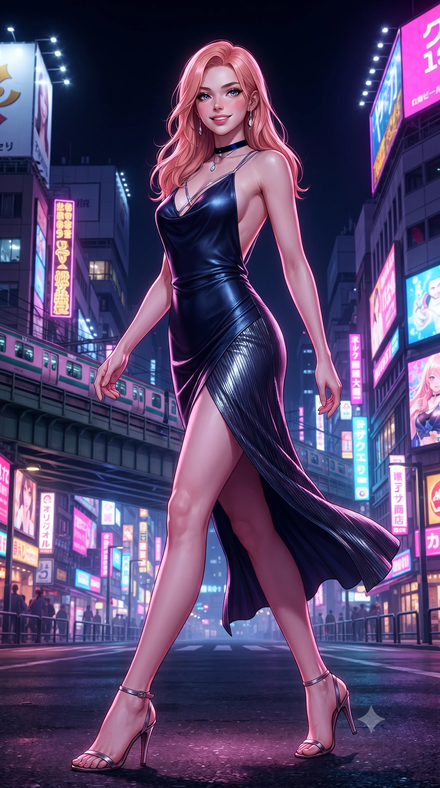score_9, masterpiece, best quality, ultra-detailed, high-budget anime keyframe, editorial fashion photography, tasteful artistic composition, Japanese woman. low angle full-body shot from head to toe showing her feet, filling the entire 9:16 vertical frame with her statuesque presence, stretching her vertical silhouette. stepping forward in a confident stride, her long slender legs and curvaceous hips creating a dynamic, sweeping vertical line while twisting her slender torso in an alluring contrapposto stance, thousands of neon billboards casting saturated electric colors across her curves. The surrounding environment is rendered in vivid detail and crisp panoramic clarity: detailed cheongsam-inspired mini dress weave, high-slit seam borders, and Tokyo megalopolis infrastructure in razor-sharp precision. She has an exceptionally tall and slender model-like 8.5-heads proportion, an ultra-slim waist, a flat toned midriff, narrow delicate ribcage, and beautifully sculpted feminine hips creating a graceful, slim hourglass silhouette without any bulky heaviness, with impossibly long slender legs. sharp v-shaped jawline, high-bridge nose, intricate jewel-like sparkling eyes with depth, thick eyelashes, glossy parted lips with a natural peach sheen, bright cheerful beaming smile with an enchanting and coquettish sensual glint, exuding both youthful cute charm and seductive allure, flawlessly proportioned anatomical accuracy, strict slender model proportions, natural body alignment, perfectly sculpted long slender limbs, ultra-slim waistline, clean dynamic posture without body distortion. wearing a backless silk crepe slip dress with a swooping low cowl back reaching her waistline and delicate criss-cross straps in deep midnight navy and liquid starlight chrome, crafted from delicate pleated metallic lamé catching dynamic light with every step, finished with a thin velvet ribbon choker and a single teardrop diamond pendant, the form-contouring silhouette accentuating her sculpted flat midriff, narrow delicate ribcage, and gracefully curvy hips with intoxicating allure. illuminated by rooftop edge LED strip lights and crisp platinum-magenta rim lights sculpting her jawline, flat midriff, and curvy hips. ultra-reflective glossy finish, specular highlights, rich textural contrasts, high-contrast stereoscopic depth, volumetric dynamic lighting, 2k, ultra detail, master piece, 9:16 ratio