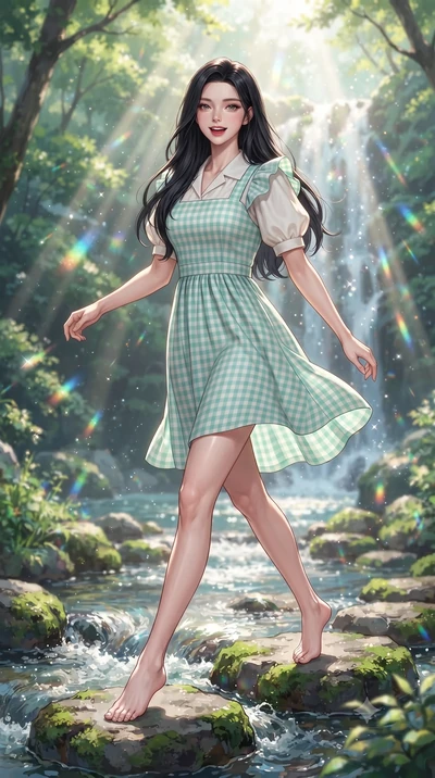 score_9, masterpiece, best quality, ultra-detailed, high-budget anime keyframe, editorial fashion photography, tasteful artistic composition, Korean woman. low angle full-body shot from head to toe showing her feet, filling the entire 9:16 vertical f
