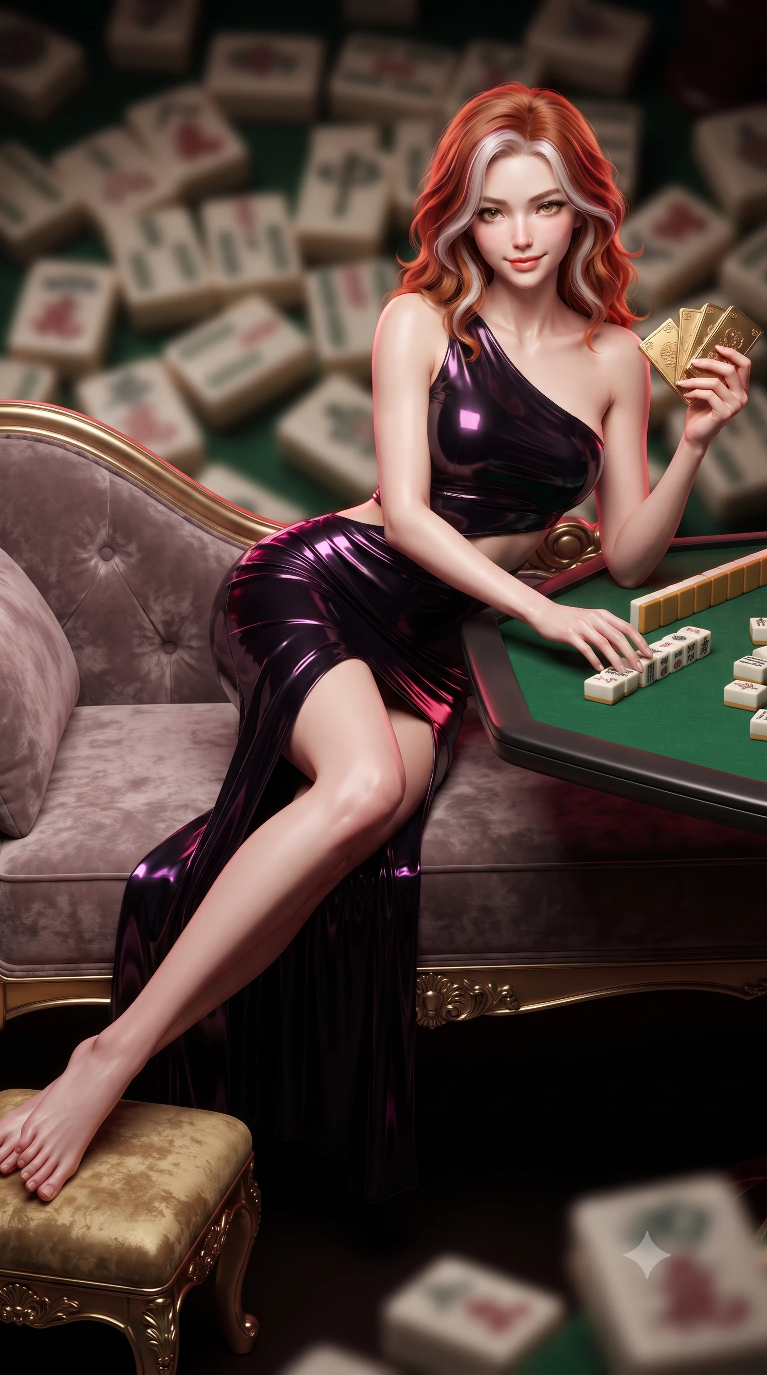 score_9, masterpiece, best quality, ultra-detailed, high-budget anime keyframe, editorial fashion photography, tasteful artistic composition, Caucasian woman. low angle full-body shot from head to toe showing her feet, filling the entire 9:16 vertical frame with her statuesque presence, stretching her vertical silhouette. reclining gracefully across the plush chaise lounge with one leg extended, her sculpted silhouette and flat midriff radiating magnetic nocturnal glamour while leaning forward over the green felt tabletop with hips cocked back, arranging carved ivory tiles with smoldering bedroom-eyes. The background shows a soft-focus vintage mahjong tiles softened in nostalgic clandestine salon shallow focus. She has an absolutely perfect, statuesque 8.5-heads proportion, an exceptionally tall and slender model-like female figure with impossibly long slender legs, an ultra-slim waist, a flat toned midriff, narrow delicate ribcage, and beautifully sculpted feminine hips creating a graceful, slim hourglass silhouette without any bulky heaviness. sharp v-shaped jawline, high-bridge nose, sparkling eyes with hypnotic seductive depth, thick curled eyelashes, glossy parted lips with a natural dewy peach sheen, alluring bedroom-eyes with an enchanting coquettish smile, exuding magnetic siren charisma and sophisticated glamour, flawlessly proportioned anatomical accuracy, strict slender model proportions, natural body alignment, perfectly sculpted long slender limbs, ultra-slim waistline, clean dynamic posture without body distortion. wearing an asymmetric one-shoulder liquid jersey nymph dress with dramatic hip-high slit and waist cutout in wet-look onyx black with electric magenta reflections, crafted from wet-look high-gloss vinyl fabric with dazzling specular surface reflections, accented with a stack of engraved gold casino plaques held loosely in one hand, the liquid-tight tailored fabric clinging flawlessly to her narrow waist and rounded feminine hips, emphasizing every millimeter of her sculpted slim hourglass curves without any bulky heaviness. illuminated by polished table bounce and sharp deep-red rim lights sculpting her jawline, flat midriff, and curvy hips. ultra-reflective glossy finish, specular highlights, rich textural contrasts, high-contrast stereoscopic depth, volumetric dynamic lighting, 2k, ultra detail, master piece, 9:16 ratio