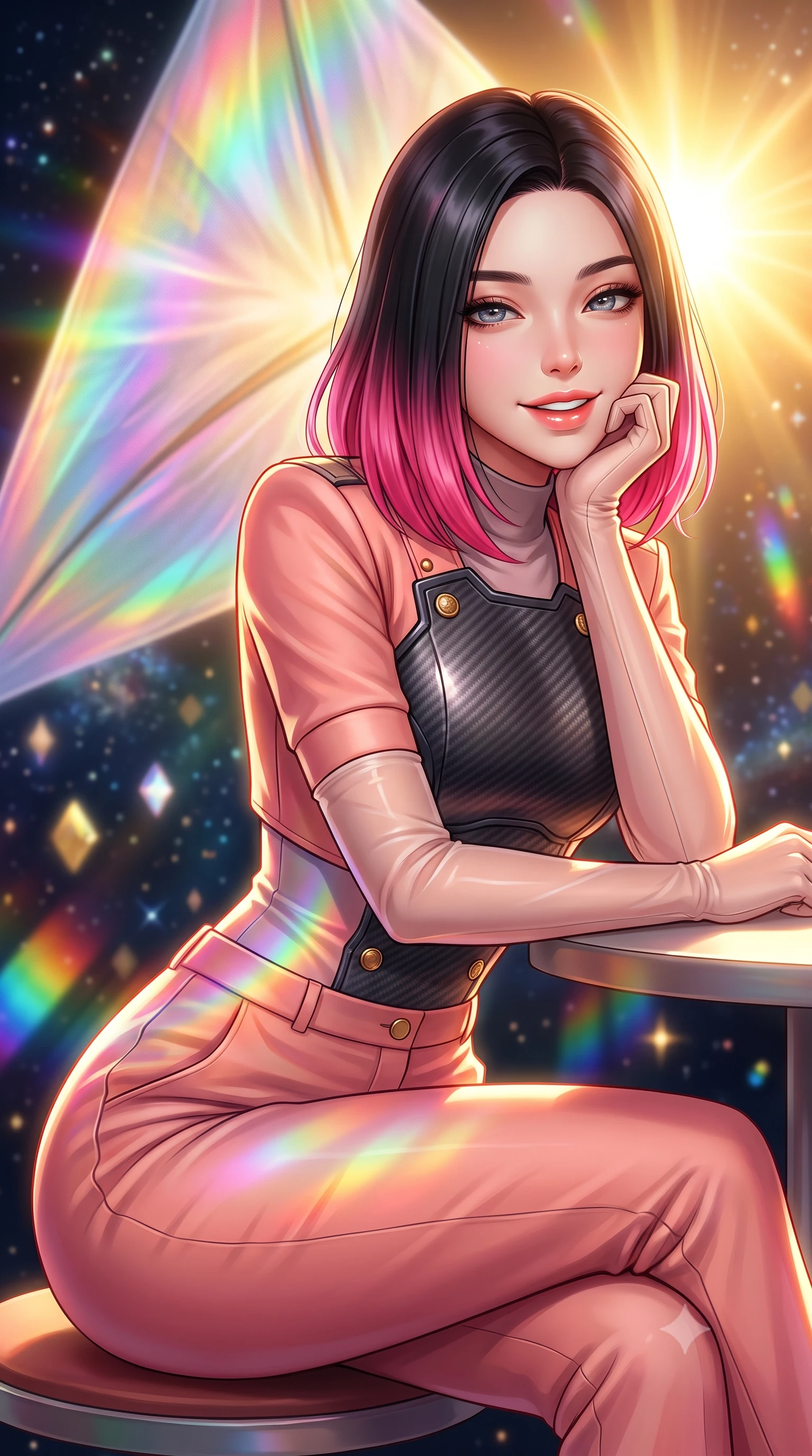 score_9, masterpiece, best quality, ultra-detailed, high-budget anime keyframe, semi-realistic 3D game render, editorial fashion photography, tasteful artistic composition, Korean woman. close-up cowboy shot from the waist and thighs up, the character dominates the composition, filling the frame with her large presence. resting one elbow on the table and supporting her chin, leaning close to the camera with heavy-lidded sparkling eyes and parted lips while twisting her slender torso in an alluring contrapposto stance, chromatic rainbow light ripples wrapping around her narrow waist and curvy hips. The background shows a soft-focus monumental gossamer solar sail shifting through prismatic rainbow hues, blinding golden sunburst, and deep space star clusters blurred into diamond, gold, and rainbow prismatic bokeh. She has an exceptionally elegant, slender, and willowy female figure with an ultra-slim waist, flat toned midriff, narrow ribcage, and sculpted feminine hips creating an alluring, slim hourglass silhouette without bulk. sharp v-shaped jawline, high-bridge nose, intricate jewel-like sparkling eyes with depth, thick eyelashes, glossy parted lips with a natural peach sheen, bright cheerful beaming smile with an enchanting and coquettish sensual glint, exuding both youthful cute charm and seductive allure, flawlessly proportioned anatomical accuracy, strict slender model proportions, natural body alignment, perfectly sculpted long slender limbs, ultra-slim waistline, clean dynamic posture without body distortion. wearing a structured cyber-infantry dress uniform jacket with carbon-fiber chest plating and brass buttons over a mock-neck top and tailored wool trousers in Solaris liquid rose-quartz and alien peach, crafted from bespoke double-faced cashmere with an exceptionally soft tactile finish, complemented by sheer opera-length evening gloves tracing her slender arms, the impeccably tailored cut draping gracefully along her slender figure with aristocratic poise. bathed in blinding warm golden solar radiance filtered through prismatic iridescent nano-films. highly saturated vibrant anime colors, detailed shading with soft gradients, rich glossy textures, high-contrast stereoscopic depth, volumetric dynamic lighting, master piece, 9:16 ratio
