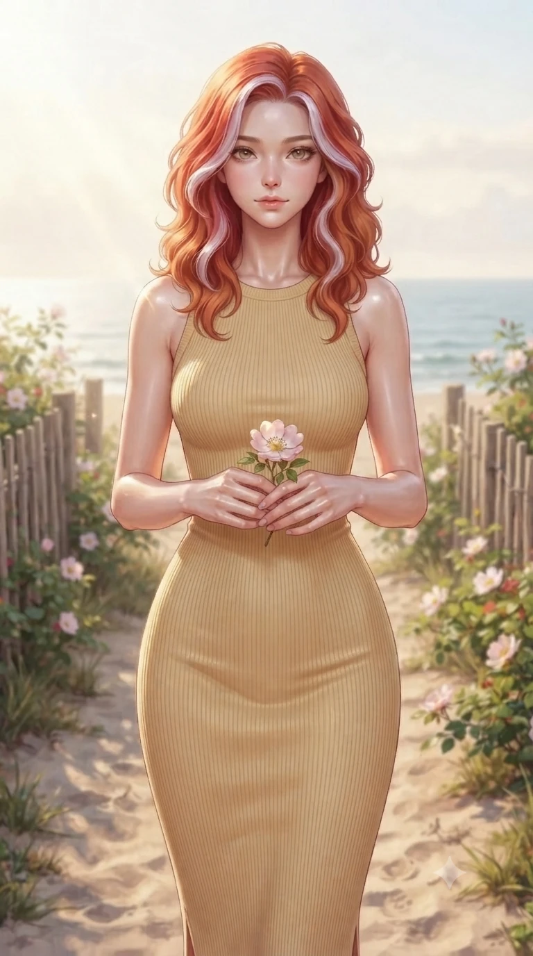 score_9, masterpiece, best quality, ultra-detailed, high-budget anime keyframe, editorial fashion photography, tasteful artistic composition, Caucasian woman woman. close-up cowboy shot from the waist and thighs up, the character dominates the composition, filling the frame with her large presence, background elements kept in soft focus. gazing directly at the viewer with a calm and welcoming expression, holding a fresh flower the background shows a soft-focus a simple sandy path bordered by rustic wooden fences and wild rose bushes leading to the sea. She has an exceptionally elegant, slender, and willowy female figure with an ultra-slim waist, a gracefully sculpted slender torso, and a refined silhouette. sharp v-shaped jawline, high-bridge nose, intricate jewel-like eyes with depth, thick eyelashes, glossy lips with a natural sheen. wearing a form-contouring form-fitting sleeveless rib-knit midi dress in sand yellow, tracing her slender waist and silhouette. soft morning sunrays creating a fresh and serene atmosphere. ultra-reflective glossy finish, specular highlights, metallic sheen, high-contrast stereoscopic depth, volumetric dynamic lighting, 2k, ultra detail, master piece, 9:16 ratio