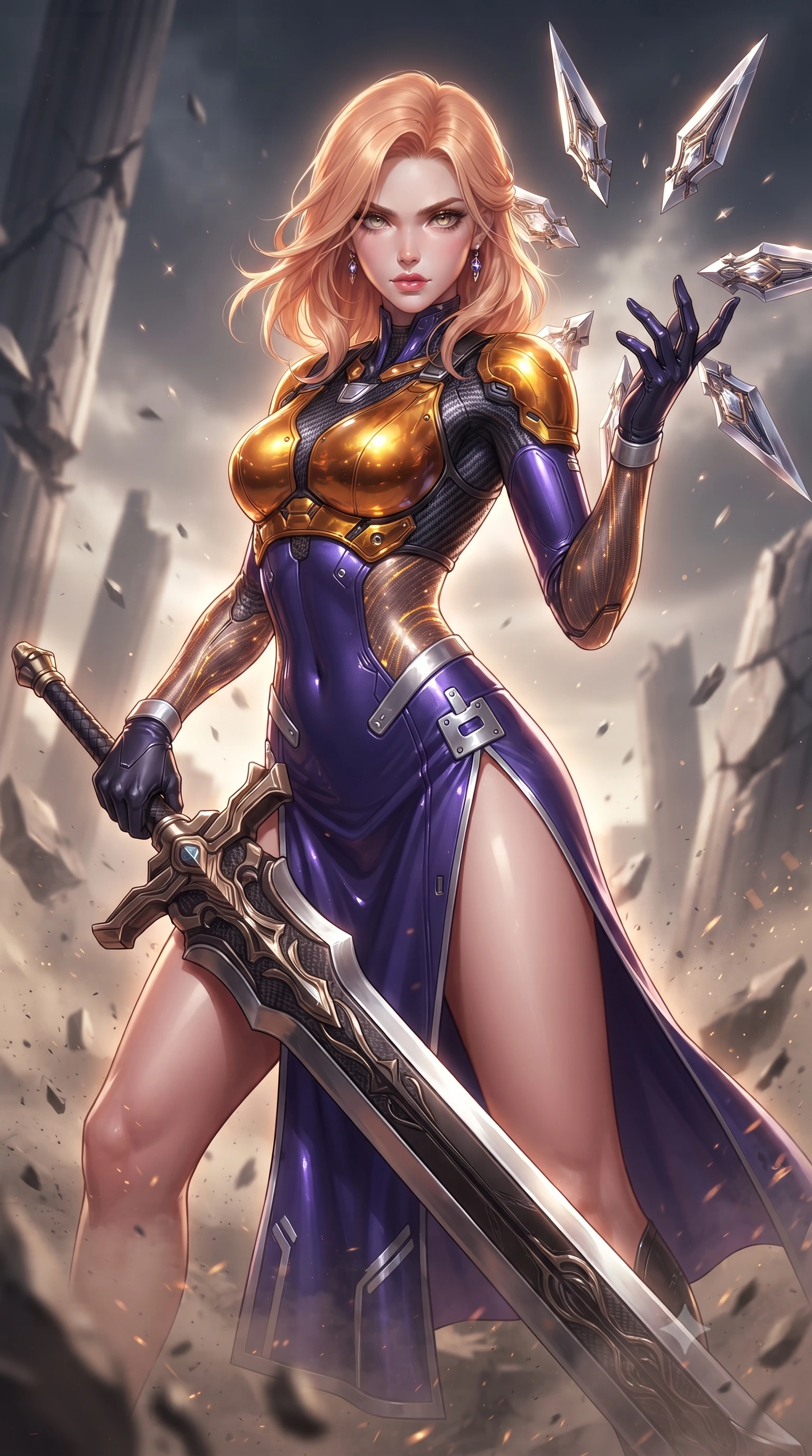 score_9, masterpiece, best quality, ultra-detailed, high-budget anime keyframe, editorial fashion photography, tasteful artistic composition, Japanese woman. close-up cowboy shot from the waist and thighs up, the character dominates the composition, filling the frame with her large presence. twisting her upper body in a dynamic S-curve combat stance, one hand steadying her weapon with commanding supermodel allure while pivoting dynamically as she plants the colossal greatsword tip into the ground, leaning on the hilt with sovereign poise. The composition keeps background elements in soft focus with creamy bokeh. shattered arena pillars and rising dust motes softened in dramatic shallow depth of field. She has an exceptionally elegant, slender, and willowy female figure with an ultra-slim waist, a gracefully sculpted slender torso, toned flat midriff, and a refined slim silhouette. sharp v-shaped jawline, high-bridge nose, intricate jewel-like eyes with depth, thick eyelashes, glossy lips with a natural sheen, flawlessly proportioned anatomical accuracy, strict slender model proportions, natural body alignment, perfectly sculpted long slender limbs, ultra-slim waistline, clean dynamic posture without body distortion. wearing a precision-fitted royal purple carbon-fiber battle-dress with high-slit tactical skirt and silver accents, directing eight floating nano-crystal funnel blades with sovereign gestures in molten amber-gold carbon cuirass with dark titanium weave, crafted from semi-translucent cybernetic carbon-vinyl interwoven with glowing micro-filaments, finished with high-mobility articulation joints and miniature magnetic armor locks, the form-contouring material adhering flawlessly to her sculpted flat midriff and slender torso, emphasizing her long leg lines and perfectly proportioned willowy build. surrounded by an invincible, royal, and fiercely captivating cyber-gladiator empress aura. ultra-reflective glossy finish, specular highlights, dark metallic sheen, high-contrast stereoscopic depth, volumetric dynamic lighting, 2k, ultra detail, master piece, 9:16 ratio
