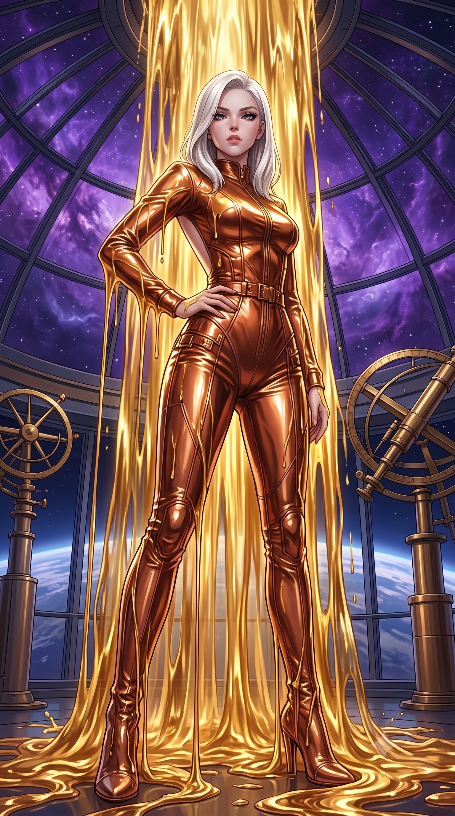 score_9, masterpiece, best quality, ultra-detailed, High-budget Anime Keyframe, Caucasian woman, strictly human ears. Low angle cowboy shot filling the entire 9:16 frame with her statuesque presence. Scenario 493: standing under a waterfall of liquid gold, the fluid coating her form, in a high-altitude observatory dome under a swirling violet nebula. Her presence is magnetic and overpowering in this high-budget anime scene. Outfit 493: a tailored metallic copper patent leather jumpsuit with a dramatic backless design and metallic buckles. The clothing is designed to emphasize her exceptionally tall and slender 8-heads proportion. 8-heads proportion, towering silhouette, ultra-slim waist. sharp v-shaped jawline, intricate jewel-like eyes with depth, thick eyelashes, glossy lips. 2k, ultra detail, master piece, 9:16 ratio