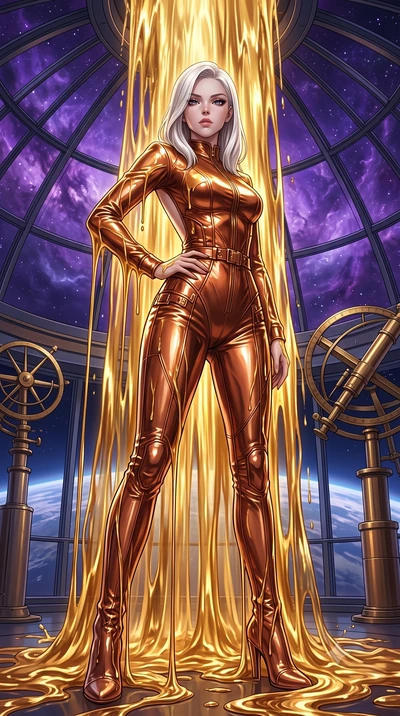score_9, masterpiece, best quality, ultra-detailed, High-budget Anime Keyframe, Caucasian woman, strictly human ears. Low angle cowboy shot filling the entire 9:16 frame with her statuesque presence. Scenario 493: standing under a waterfall of liquid