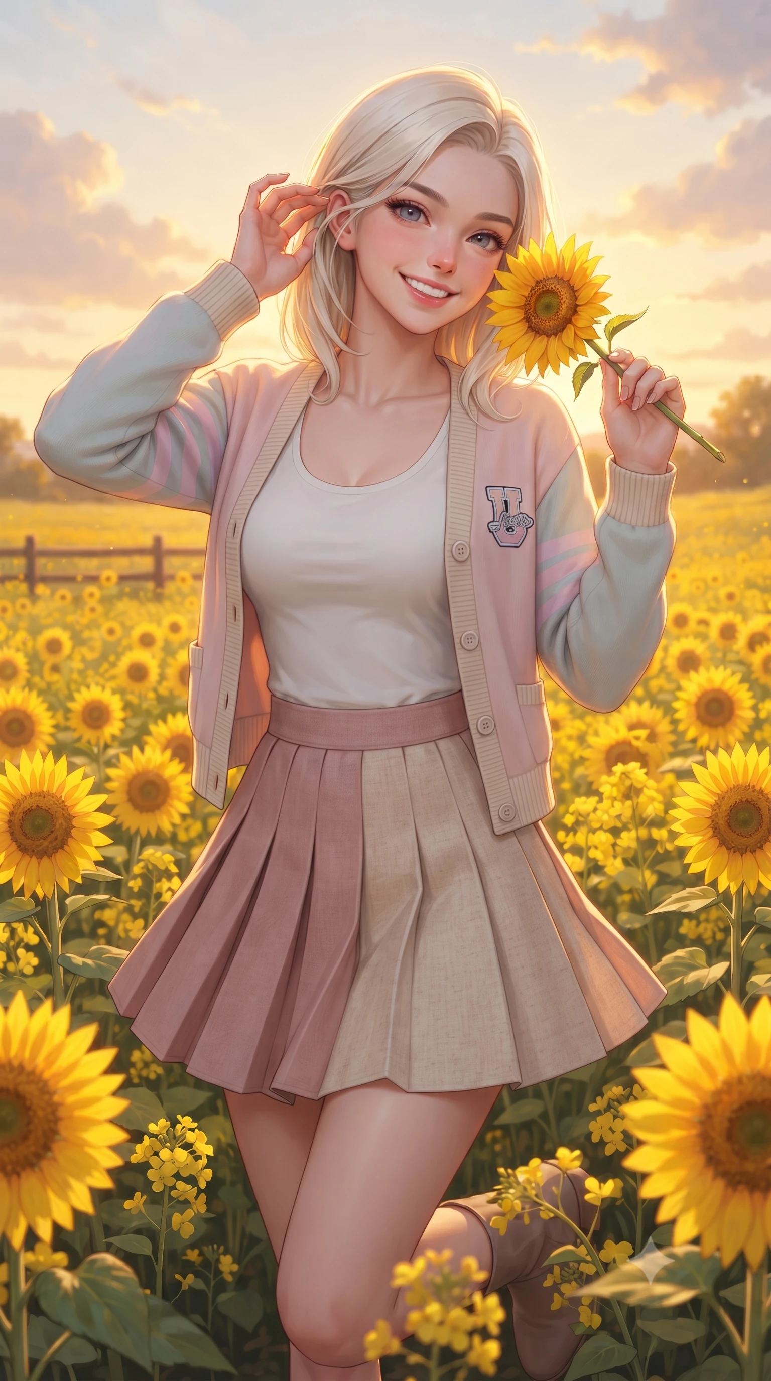 score_9, masterpiece, best quality, ultra-detailed, high-budget anime keyframe, editorial fashion photography, tasteful artistic composition, Caucasian woman. close-up cowboy shot from the waist and thighs up, the character dominates the composition, filling the frame with her large presence. tilting her head with a cute, youthful grin while brushing a stray strand of hair behind her ear with slender fingers while standing immersed in a vast sea of vibrant yellow sunflowers, holding one bloom close to her cheek with a dazzling smile. The surrounding environment is rendered in vivid detail and crisp panoramic clarity. vibrant yellow canola blossoms, rustic farm fences, and glowing evening clouds in high clarity. She has an exceptionally elegant, slender, and willowy female figure with an ultra-slim waist, a gracefully sculpted slender torso, toned flat midriff, and a refined slim silhouette. sharp v-shaped jawline, high-bridge nose, intricate jewel-like eyes with depth, thick eyelashes, glossy lips with a natural sheen, pure and lovely fresh girlhood expression, flawlessly proportioned anatomical accuracy, strict slender model proportions, natural body alignment, perfectly sculpted long slender limbs, ultra-slim waistline, clean dynamic posture without body distortion. wearing a chic pastel varsity cardigan over a simple white scoop-neck tee and a pleated mini skirt in soft dusty rose and oatmeal beige, tailored from soft pastel lightweight wool blend with subtle texture, featuring elegant flutter sleeves and a graceful open collar, the soft airy drape swaying gracefully with her dynamic movements, emphasizing her tall willowy build and slim waistline. bathed in gorgeous warm golden hour sunset backlighting creating a glowing rim light along her hair and figure. ultra-reflective glossy finish, specular highlights, rich natural textures, high-contrast stereoscopic depth, volumetric dynamic lighting, 2k, ultra detail, master piece, 9:16 ratio