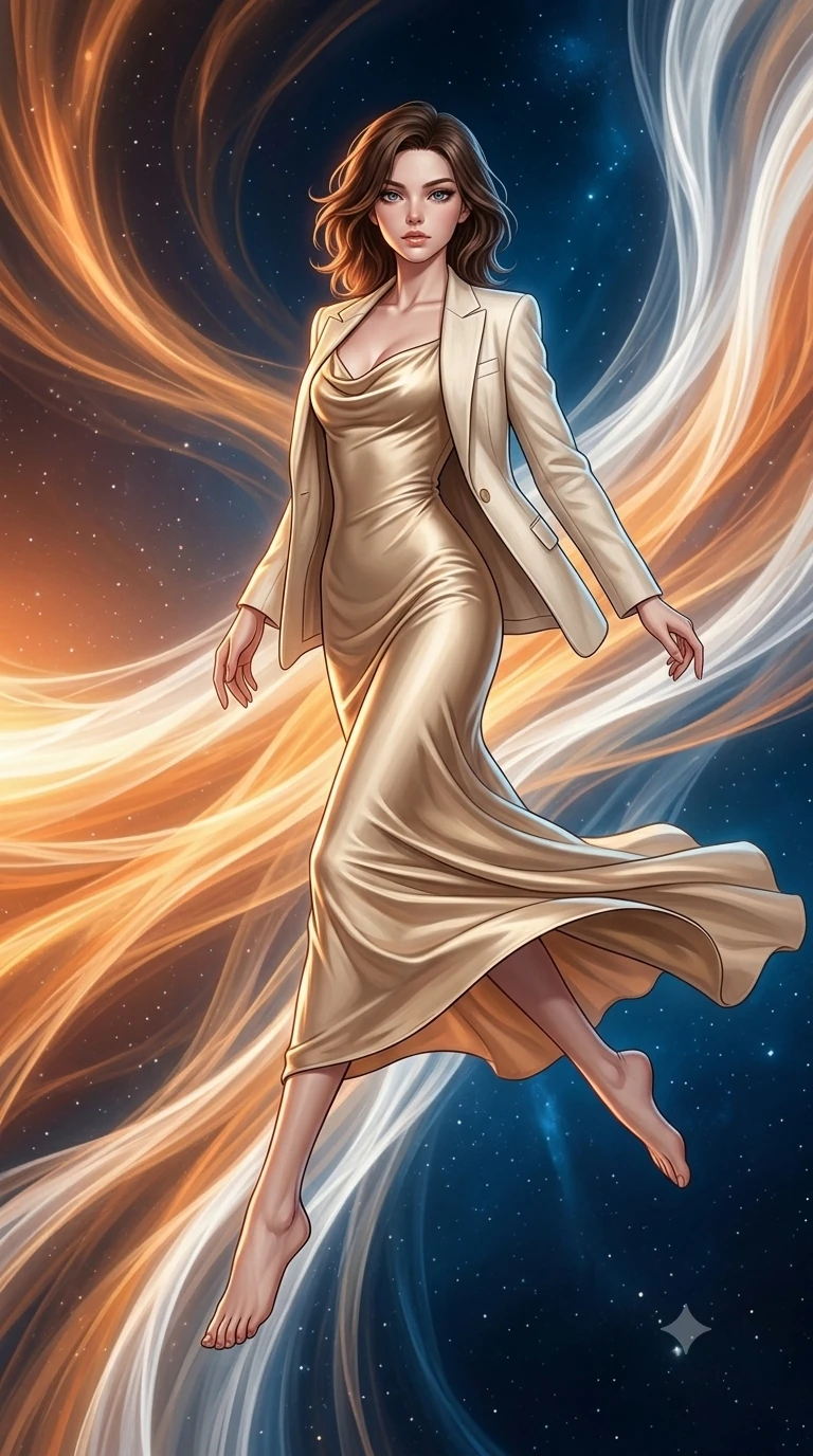 score_9, masterpiece, best quality, ultra-detailed, high-budget anime keyframe, editorial fashion photography, tasteful artistic composition, Korean woman. low angle full-body shot from head to toe showing her feet, filling the entire 9:16 vertical frame with her statuesque presence, stretching her vertical silhouette. leaping gracefully through a vast open expanse of space where enormous ribbons of solar wind in orange gold and white stream past like cosmic rivers their surfaces rippling with magnetic turbulence and charged particle cascades. She has a statuesque 8.5-heads proportion, an exceptionally tall, slender and willowy model-like build with impossibly long legs and a highly sculpted ultra-slim waist. sharp v-shaped jawline, high-bridge nose, intricate jewel-like eyes with depth, thick eyelashes, glossy lips with a natural sheen. wearing a champagne gold cowl-neck satin slip dress that drapes and clings to her slender figure, layered with a cream linen blazer. warm directional solar wind light in streaming orange and gold ribbons creating dramatic side-lighting with cool deep space blue providing contrast from the shadowed side. 2k, ultra detail, master piece, 9:16 ratio