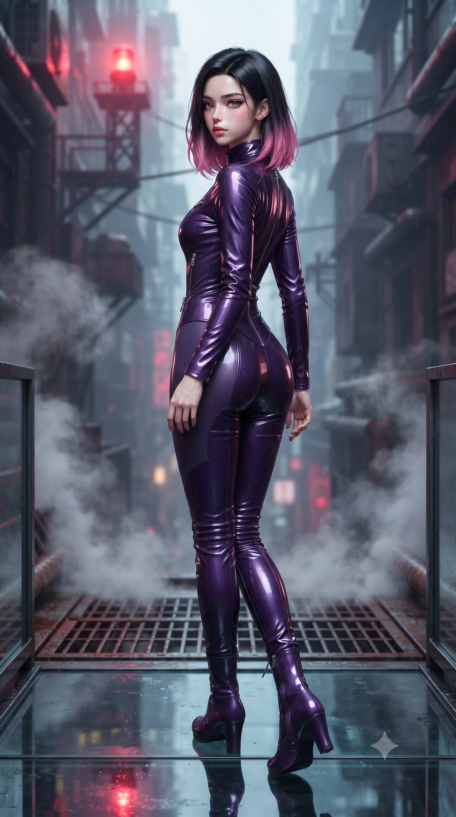 score_9, masterpiece, best quality, ultra-detailed, high-budget anime keyframe, editorial fashion photography, tasteful artistic composition, Korean woman. low angle full-body shot from head to toe showing her feet, filling the entire 9:16 vertical frame with her statuesque presence, stretching her vertical silhouette. walking slowly along a glass skybridge, looking back over her shoulder with an air of effortless grace, the background shows a soft-focus a wet cyberpunk alleyway filled with steam rising from rusted iron grates. She has an absolutely perfect, statuesque 8.5-heads proportion, an exceptionally tall and slender model-like female figure with impossibly long slender legs and an ultra-slim waist. sharp v-shaped jawline, high-bridge nose, intricate jewel-like eyes with depth, thick eyelashes, glossy lips with a natural sheen. wearing a form-contouring form-contouring pilot flight suit in deep purple liquid vinyl, featuring a snug mock-neck and chrome zippers. underground steam vents catching a pulsing crimson warning beacon light from above. ultra-reflective glossy finish, specular highlights, metallic sheen, high-contrast stereoscopic depth, volumetric dynamic lighting, 2k, ultra detail, master piece, 9:16 ratio