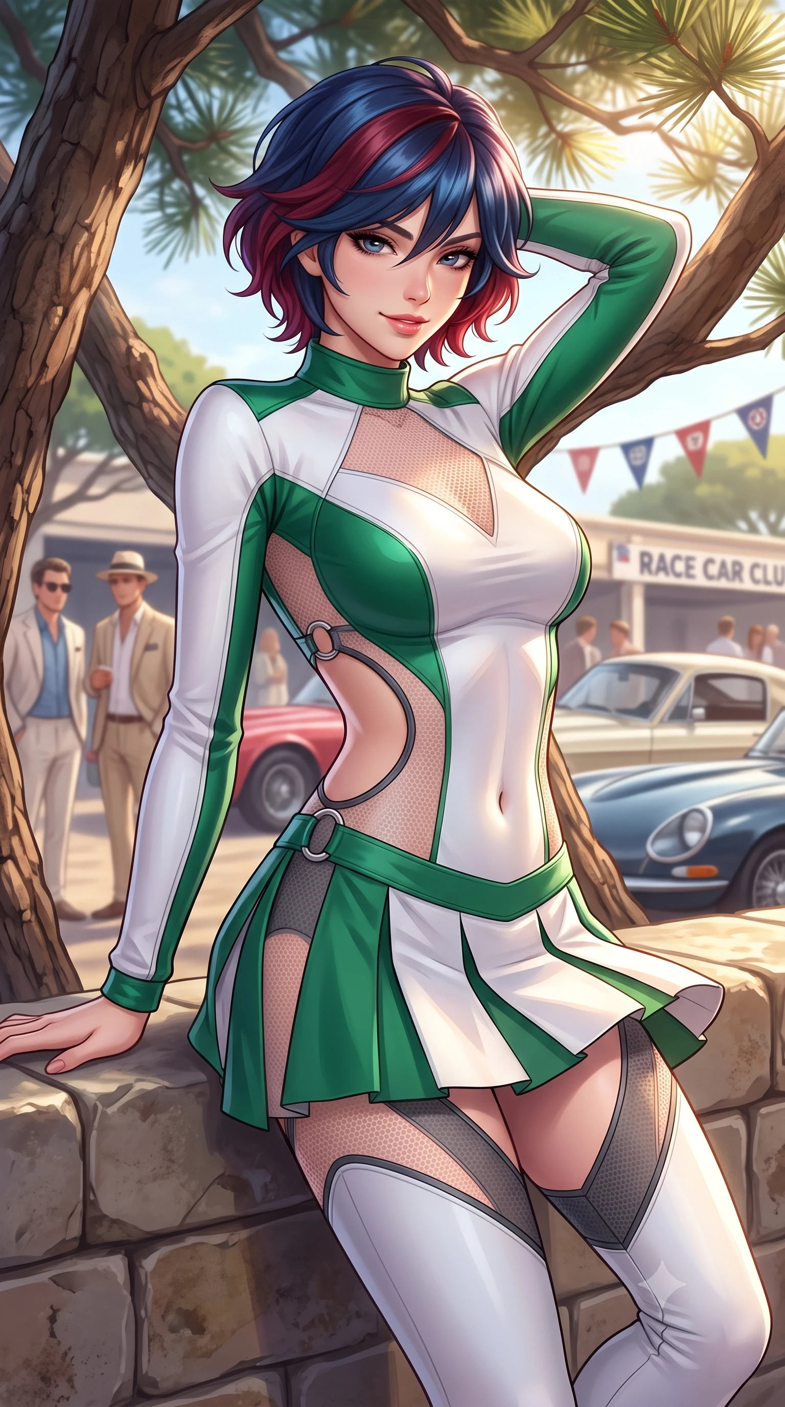 score_9, masterpiece, best quality, ultra-detailed, high-budget anime keyframe, semi-realistic 3D game render, editorial fashion photography, tasteful artistic composition, Korean woman. close-up cowboy shot from the waist and thighs up, the character dominates the composition, filling the frame with her large presence. leaning back against the pit wall with relaxed seductive grace, her flat midriff and narrow waist highlighted as sunlight traces her curves while twisting her slender torso in an alluring contrapposto stance among maritime pines, coastal breezes fluttering her pleated tennis skirt. The background shows a soft-focus chic spectators in linen suits and vintage sports car club pennants softened in glamorous Provençal shallow focus. She has an exceptionally elegant, slender, and willowy female figure with an ultra-slim waist, flat toned midriff, narrow ribcage, and sculpted feminine hips creating an alluring, slim hourglass silhouette without bulk. sharp v-shaped jawline, high-bridge nose, sparkling eyes with athletic focus and depth, thick curled eyelashes, glossy parted lips with a natural coral-peach sheen, bright confident and coquettish smile with alluring bedroom-eyes, exuding both youthful sporty vigor and sovereign high-society glamour, flawlessly proportioned anatomical accuracy, strict slender model proportions, natural body alignment, perfectly sculpted long slender limbs, ultra-slim waistline, clean dynamic posture without body distortion. wearing a form-fitting white-and-emerald paddock racing jumpsuit with strategic sheer mesh panels along the torso and thighs in pastel peach blossom and matte carbon grey, woven from semi-opaque performance athletic mesh with hexagonal micro-perforations, finished with sharp laser-cut side ventilation cutouts framed by chrome rings, the form-fitting tailored bodice adhering flawlessly to her sculpted flat midriff and slender torso, emphasizing her long leg lines and perfectly proportioned willowy build. bathed in horizontal late-afternoon golden hour sunbeams filtering through pine needles. highly saturated vibrant anime colors, detailed shading with soft gradients, rich glossy textures, high-contrast stereoscopic depth, volumetric dynamic lighting, master piece, 9:16 ratio