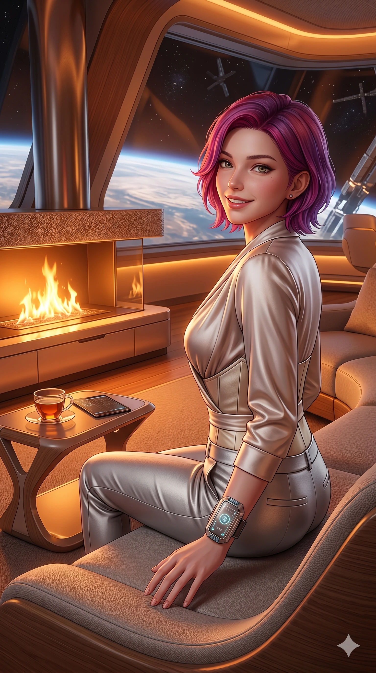 score_9, masterpiece, best quality, ultra-detailed, high-budget anime keyframe, semi-realistic 3D game render, Caucasian woman, strictly human ears. Upper body close-up from the thighs up, character filling the screen for maximum presence. Inside an orbital luxury lounge, next to a fireplace, sitting on a modern sofa, looking back with a warm, welcoming smile. She is wearing a luxurious silk-like wrap top, structured bodice, and silver trousers. The scene is bathed in the warm orange glow of the fire and soft amber ambient lights. 2k, ultra detail, master piece, 9:16 ratio