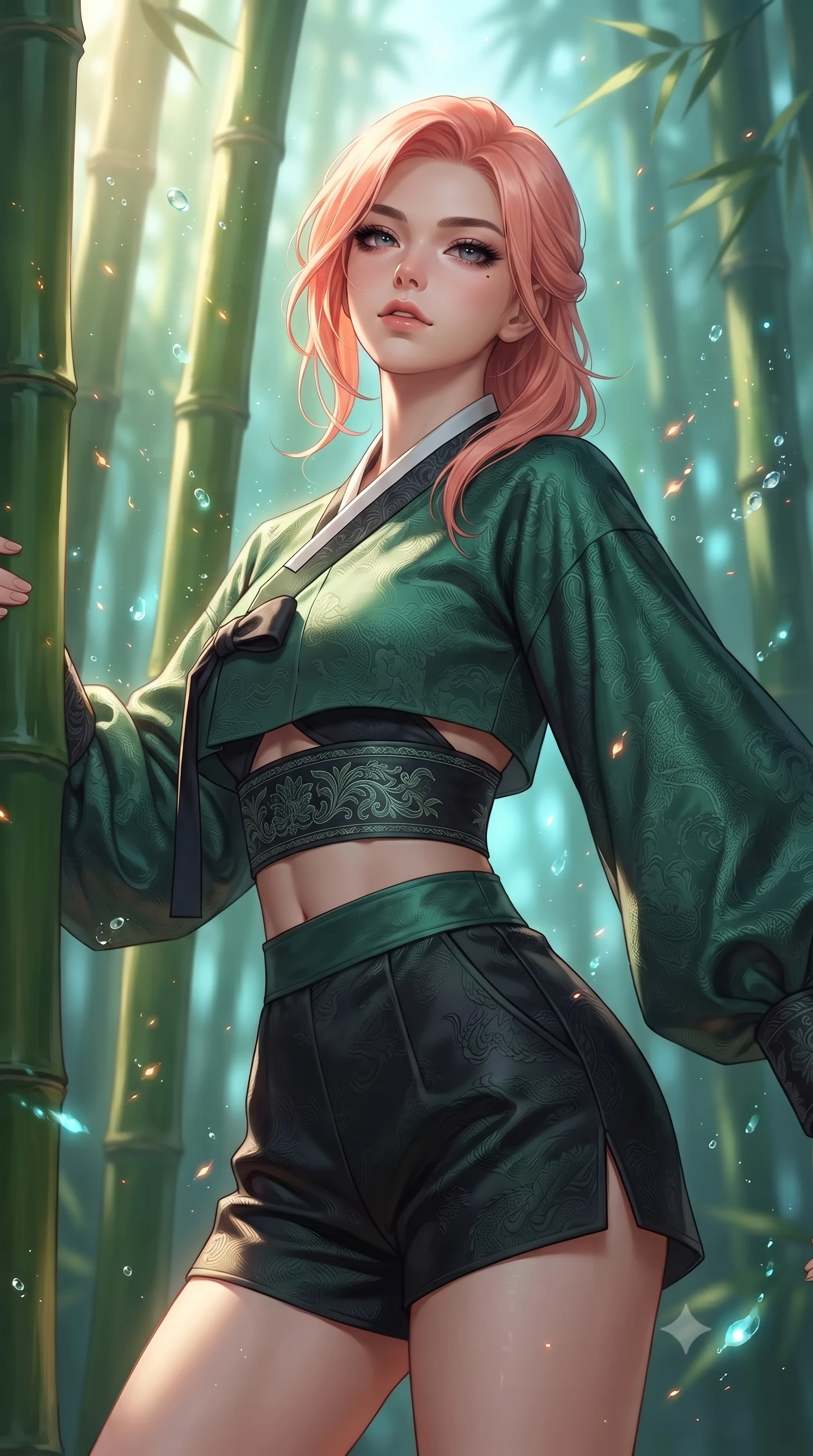 score_9, masterpiece, best quality, ultra-detailed, high-budget anime keyframe, editorial fashion photography, tasteful artistic composition, Japanese woman. close-up cowboy shot from the waist and thighs up, the character dominates the composition, filling the frame with her large presence. tilting her chin up with proud, sovereign confidence while gazing directly into the lens with thick, dark eyelashes while pivoting gracefully around towering green bamboo stalks as ethereal glowing butterflies dance around her fingertips. The composition keeps background elements in soft focus with creamy bokeh. sparkling spirit flame embers and floating moisture droplets scattering enchanting light motes. She has an exceptionally elegant, slender, and willowy female figure with an ultra-slim waist, a gracefully sculpted slender torso, toned flat midriff, and a refined slim silhouette. sharp v-shaped jawline, high-bridge nose, intricate jewel-like eyes with depth, thick eyelashes, glossy lips with a natural sheen, captivating and magnetic expression, flawlessly proportioned anatomical accuracy, strict slender model proportions, natural body alignment, perfectly sculpted long slender limbs, ultra-slim waistline, clean dynamic posture without body distortion. wearing a modern shortened cyber-hanbok crop top with wide billowing sleeves and high-waist silk shorts in jade green and dark obsidian, made of rich textured jacquard silk with dragon scale weave, finished with a wide embroidered waist band emphasizing her slender midriff, the precision-cut daring openings accentuating her delicate midriff, graceful bare collarbones, and ultra-slim feminine waistline. bathed in magical cyan spirit flame luminescence and soft moonlit fog fill. ultra-reflective glossy finish, specular highlights, rich textural contrasts, high-contrast stereoscopic depth, volumetric dynamic lighting, 2k, ultra detail, master piece, 9:16 ratio