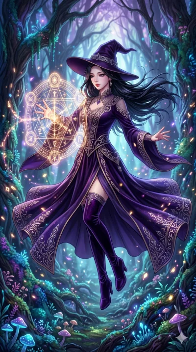 score_9, score_8_up, score_7_up, source_anime, masterpiece, best quality, ultra-detailed, same character with long flowing black hair, wearing elegant dark purple witch robes and a pointed hat, full body shot floating mid-air casting a complex magica