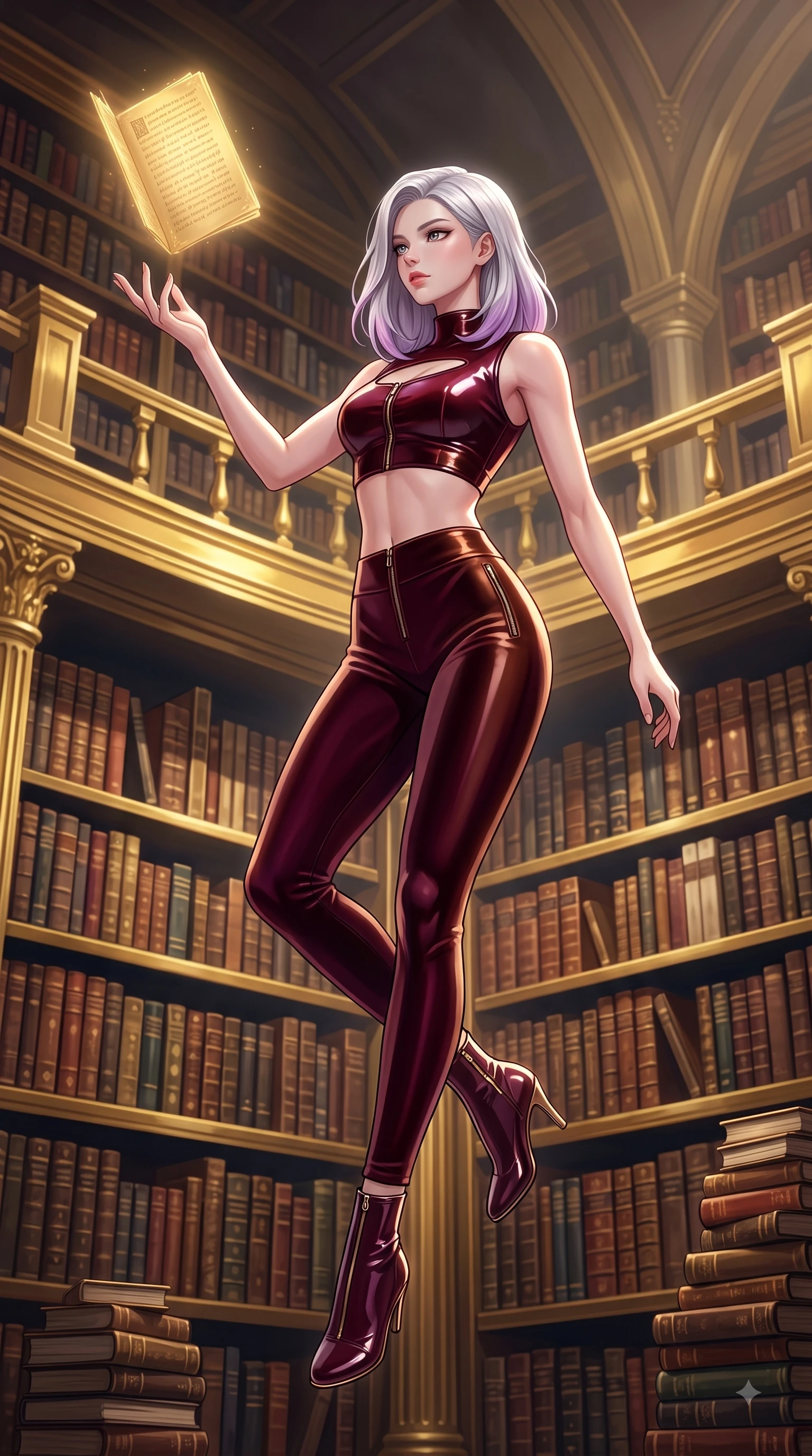 score_9, masterpiece, best quality, ultra-detailed, high-budget anime keyframe, editorial fashion photography, tasteful artistic composition, Caucasian woman. low angle full-body shot from head to toe showing her feet, filling the entire 9:16 vertical frame with her statuesque presence, stretching her vertical silhouette. performing an athletic mid-air rotation with flawless poise, her vertical silhouette beautifully stretched while reaching her hand toward a glowing golden manuscript hovering in mid-air with magnetic poise, thousands of antique leather-bound books stacked along majestic golden shelves. She has an absolutely perfect, statuesque 8.5-heads proportion, an exceptionally tall and slender model-like female figure with impossibly long slender legs and an ultra-slim waist. sharp v-shaped jawline, high-bridge nose, intricate jewel-like eyes with depth, thick eyelashes, glossy lips with a natural sheen, flawlessly proportioned anatomical accuracy, natural body alignment, perfectly sculpted elegant limbs, clean dynamic posture without body distortion. wearing a glossy vinyl crop top and high-waist tailored leggings with sleek zippers in deep burgundy and bronze, made of premium stretch velvet with a rich sheen, accented with a Tasteful chest slit framing her clavicle gracefully, the elegant draped fit framing her graceful clavicle and slender torso. illuminated by a dramatic key light casting elegant chiaroscuro shadows. highly saturated vibrant anime colors, detailed shading with soft gradients, rich glossy textures, high-contrast stereoscopic depth, volumetric dynamic lighting, master piece, 9:16 ratio