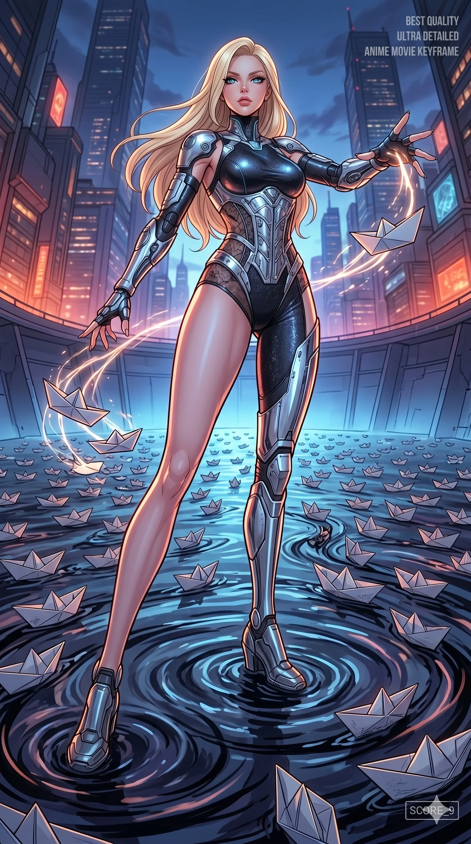 score_9, masterpiece, best quality, ultra-detailed, high-budget anime movie keyframe, cinematic anime lighting, intricate line art, Korean woman. Dynamic full-body shot stretching the vertical silhouette with extreme perspective. commanding a fleet of paper boats to sail on a sea of ink. She has an absolutely perfect 8-heads proportion, an exceptionally tall and slender female figure with an ultra-slim waist and impossibly long slender legs. strictly human anatomy, two legs only, no extra limbs, clearly defined legs and arms, perfect anatomy, perfect hands and fingers. sharp v-shaped jawline, high-bridge nose, intricate jewel-like eyes, thick eyelashes, glossy lips. Wearing Cyber-Tech Legacy: Asymmetrical high-cut tech-bodysuit with detached sleeves and chrome-plated corset over sheer lace. The scene is illuminated by dramatic atmospheric lighting and vibrant color palettes. , 2k, ultra detail, master piece, 9:16 ratio