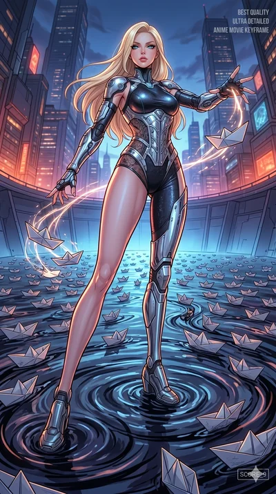 score_9, masterpiece, best quality, ultra-detailed, high-budget anime movie keyframe, cinematic anime lighting, intricate line art, Korean woman. Dynamic full-body shot stretching the vertical silhouette with extreme perspective. commanding a fleet o