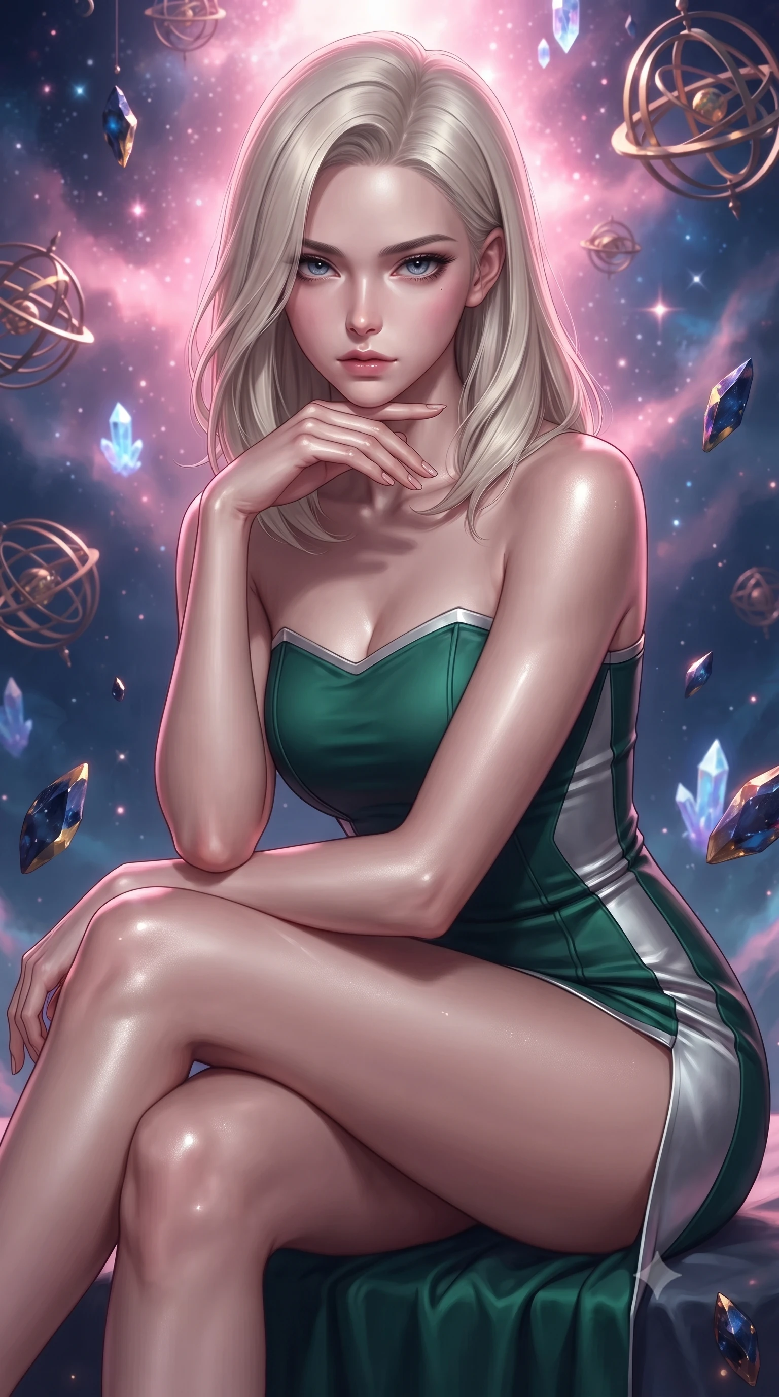 score_9, masterpiece, best quality, ultra-detailed, high-budget anime keyframe, editorial fashion photography, tasteful artistic composition, Caucasian woman. close-up cowboy shot from the waist and thighs up, the character dominates the composition, filling the frame with her large presence, background elements kept in soft focus. Resting her chin on the backs of her fingers, casting a sharp, mysterious gaze surrounded by floating armillary spheres and glowing starlight crystals, floating meteor shards reflecting deep navy and gold hues. She has an exceptionally elegant, slender, and willowy female figure with an ultra-slim waist, a gracefully sculpted slender torso, and a refined silhouette. sharp v-shaped jawline, high-bridge nose, intricate jewel-like eyes with depth, thick eyelashes, glossy lips with a natural sheen. wearing a modern fusion silk hanbok dress with a structured bodice in deep emerald green and silver accent, formed from sleek second-skin neoprene, finished with a sleek side slit ascending to mid-thigh, the elegant draped fit framing her graceful clavicle and slender torso. bathed in radiant cosmic pink and deep navy blue ambient light. ultra-reflective glossy finish, specular highlights, metallic sheen, high-contrast stereoscopic depth, volumetric dynamic lighting, 2k, ultra detail, master piece, 9:16 ratio