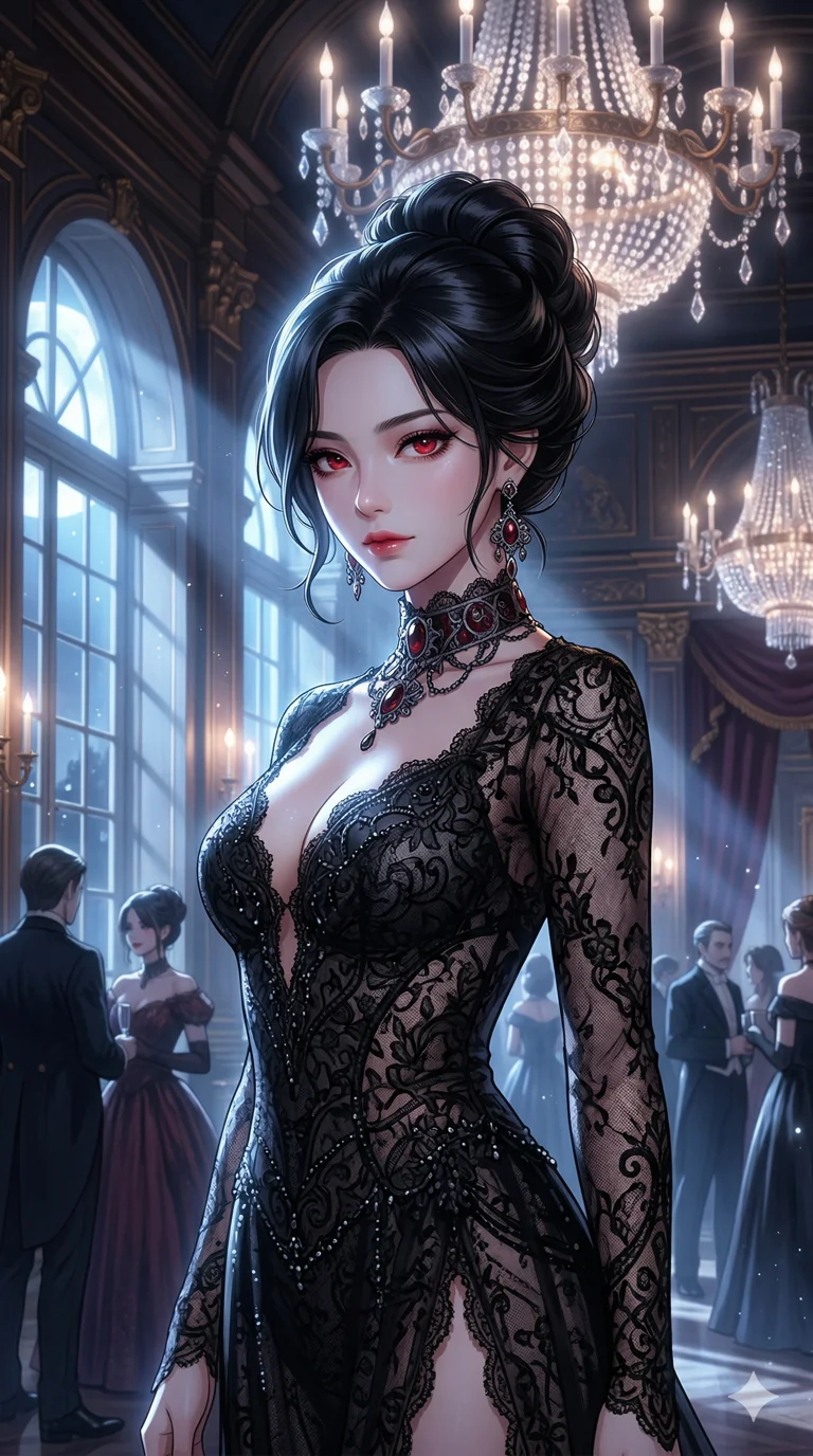 score_9, masterpiece, best quality, ultra-detailed, semi-realistic high-budget anime keyframe, an incredibly beautiful Korean woman. Medium shot of upper body focusing on her alluring features. She is a high-society vampire queen in a moonlit ballroom. She has an absolutely perfect 8-heads proportion, a towering and slender female figure. Her face is a masterpiece with porcelain skin and ruby eyes. She is wearing a high-cut black lace gown, highlighting her alluring silhouette. Moonbeams and crystal chandeliers, radiant glowing skin, dramatic rim lighting, 2k, ultra detail, master piece, 9:16 ratio