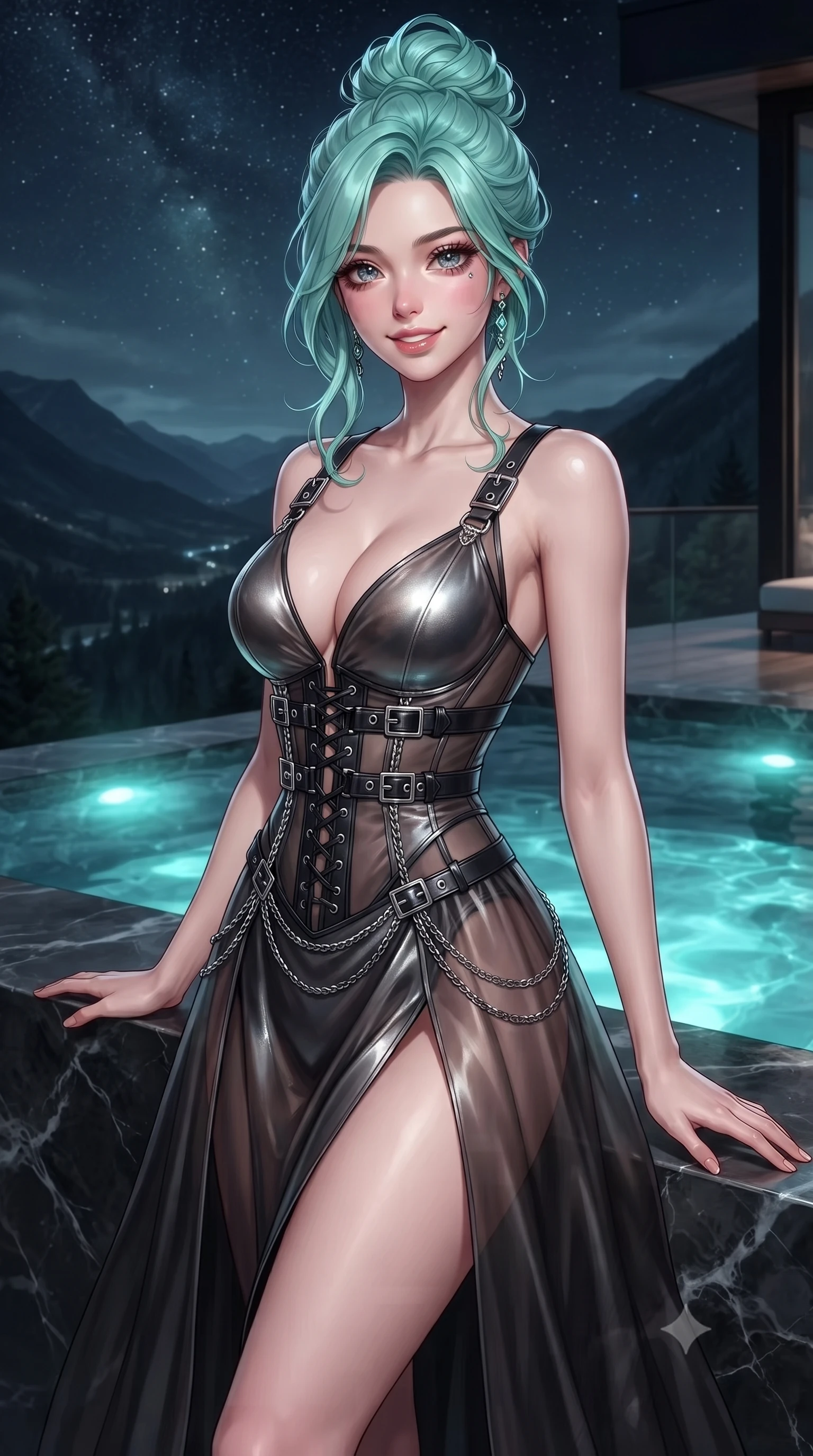score_9, masterpiece, best quality, ultra-detailed, high-budget anime keyframe, editorial fashion photography, tasteful artistic composition, Japanese woman. close-up cowboy shot from the waist and thighs up, the character dominates the composition, filling the frame with her large presence, background elements kept in soft focus. Smiling with quiet, magnetic self-assurance directly into the camera, poised at the edge of a dark marble infinity pool overlooking a starry valley, magnetic composed gaze directly into the camera with effortless confidence. She has an exceptionally elegant, slender, and willowy female figure with an ultra-slim waist, a gracefully sculpted slender torso, and a refined silhouette. sharp v-shaped jawline, high-bridge nose, intricate jewel-like eyes with depth, thick eyelashes, glossy lips with a natural sheen. wearing low-cut gothic structured bodice gown with high leg slit in metallic dark silver, made of sheer dark organza overlay, framed by dark titanium buckles and silver chain details, the fitted fabric emphasizing her ultra-slim waist. surrounded by a moody nocturnal ambiance with glowing aqua water highlights. highly saturated vibrant anime colors, detailed shading with soft gradients, rich glossy textures, high-contrast stereoscopic depth, volumetric dynamic lighting, master piece, 9:16 ratio