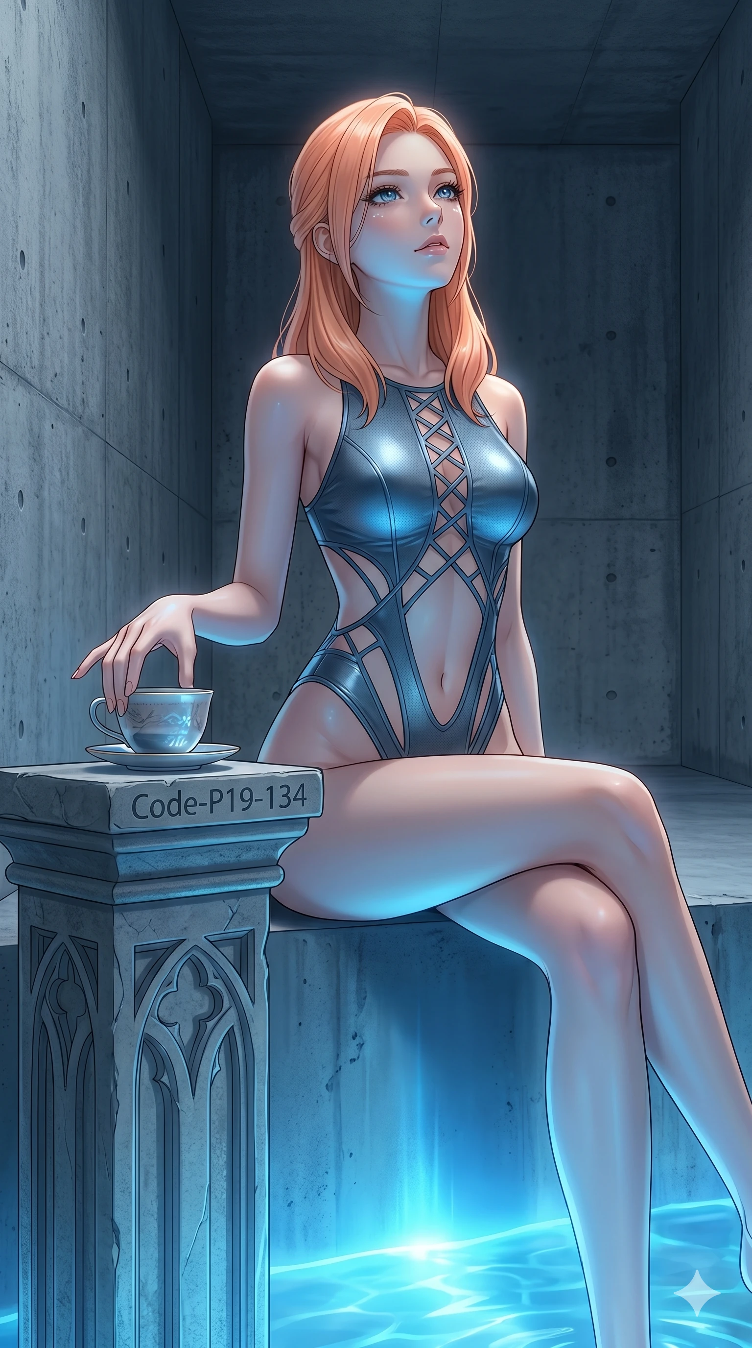score_9, masterpiece, best quality, ultra-detailed, high-budget anime keyframe, editorial fashion photography, tasteful artistic composition, Japanese woman. cowboy shot from the thighs up, character and outfit filling the frame for maximum editorial presence. resting her fingers on a tea cup, looking up with a gentle gaze inside a concrete minimalist gallery featuring a stone pedestal (Code-P19-134). She has an absolutely perfect 8-heads proportion, an exceptionally tall and slender female figure with impossibly long slender legs and an ultra-slim waist. V-shaped jawline, high-bridge nose, intricate jewel-like eyes with depth, thick eyelashes, glossy lips with a natural sheen. wearing a sleek swimsuit with high-cut lines and exposed waist in eco-nylon. mystical blue light from the water, casting a cool glowing highlight on her face. 2k, ultra detail, master piece, 9:16 ratio