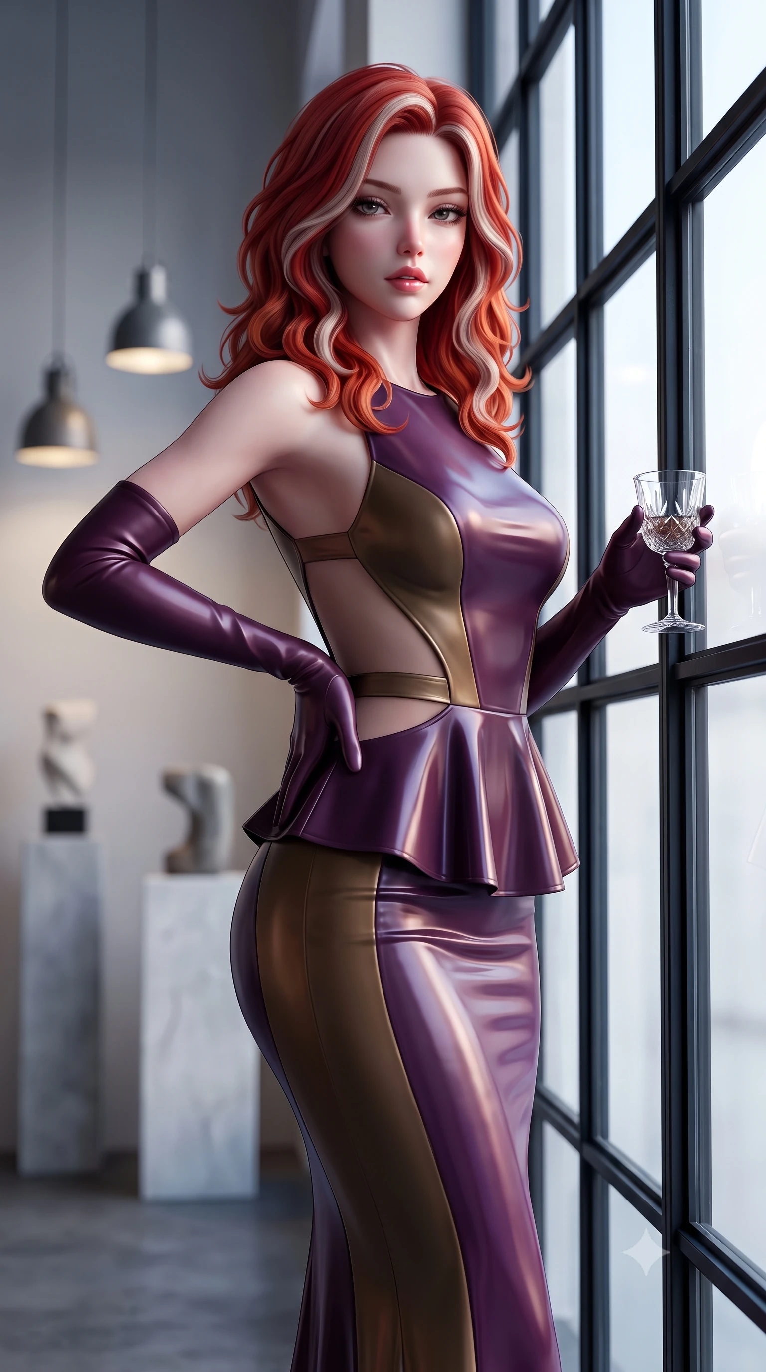 score_9, masterpiece, best quality, ultra-detailed, high-budget anime keyframe, semi-realistic 3D game render, editorial fashion photography, tasteful artistic composition, Caucasian woman. close-up cowboy shot from the waist and thighs up, the character dominates the composition, filling the frame with her large presence. resting one manicured hand delicately on her hip bone, her upper body turning in a fluid, seductive S-curve while parted lips glisten in the light while leaning against a monumental black steel-framed warehouse window, arching her lower back with high-fashion sovereign poise as cool Berlin daylight washes over her curves. The composition keeps background elements in soft focus with creamy bokeh. minimalist sculptural pedestals and industrial pendant lights softened in avant-garde German shallow focus. She has an exceptionally elegant, slender, and willowy female figure with an ultra-slim waist, flat toned midriff, narrow ribcage, and sculpted feminine hips creating an alluring, slim hourglass silhouette without bulk. sharp v-shaped jawline, high-bridge nose, intricate jewel-like eyes with depth, thick eyelashes, glossy parted lips with a natural sheen, intensely captivating and seductive bedroom-eyes expression, flawlessly proportioned anatomical accuracy, strict slender model proportions, natural body alignment, perfectly sculpted long slender limbs, ultra-slim waistline, clean dynamic posture without body distortion. wearing a structural geometric peplum gown with sheer side-ribbon cutouts and form-fitting skirt in deep plum violet and antique bronze, tailored from second-skin aerodynamic stretch vinyl with specular wet sheen, accessorized with opera-length satin gloves and a vintage crystal glass, the precision-cut side openings and low-back scoop framing her graceful spine and the sensual sweep of her slim, toned hips. illuminated by subtle architectural spotlighting sharply defining her sculpted cheekbones, ultra-slim waist, and curvy hips. highly saturated vibrant anime colors, detailed shading with soft gradients, rich glossy textures, high-contrast stereoscopic depth, volumetric dynamic lighting, master piece, 9:16 ratio