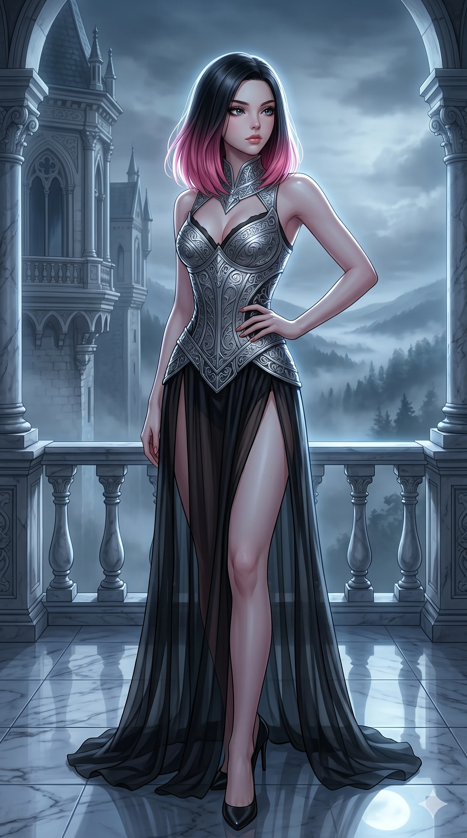 score_9, masterpiece, best quality, ultra-detailed, high-budget anime keyframe, editorial fashion photography, tasteful artistic composition, Korean woman. cowboy shot from the thighs up, character and outfit filling the frame for maximum editorial presence. holding a powerful pose, looking past the camera with an air of effortless superiority standing on a marble balcony of a castle overlooking a misty valley (Code-P16-099). She has an absolutely perfect 8-heads proportion, an exceptionally tall and slender female figure with impossibly long slender legs and an ultra-slim waist. V-shaped jawline, high-bridge nose, intricate jewel-like eyes with depth, thick eyelashes, glossy lips with a natural sheen. wearing a structured silver armor corset over a flowing black silk gown with a high side slit. cool silver moonlight filtered through the mist, creating a dramatic, ethereal rim light. 2k, ultra detail, master piece, 9:16 ratio