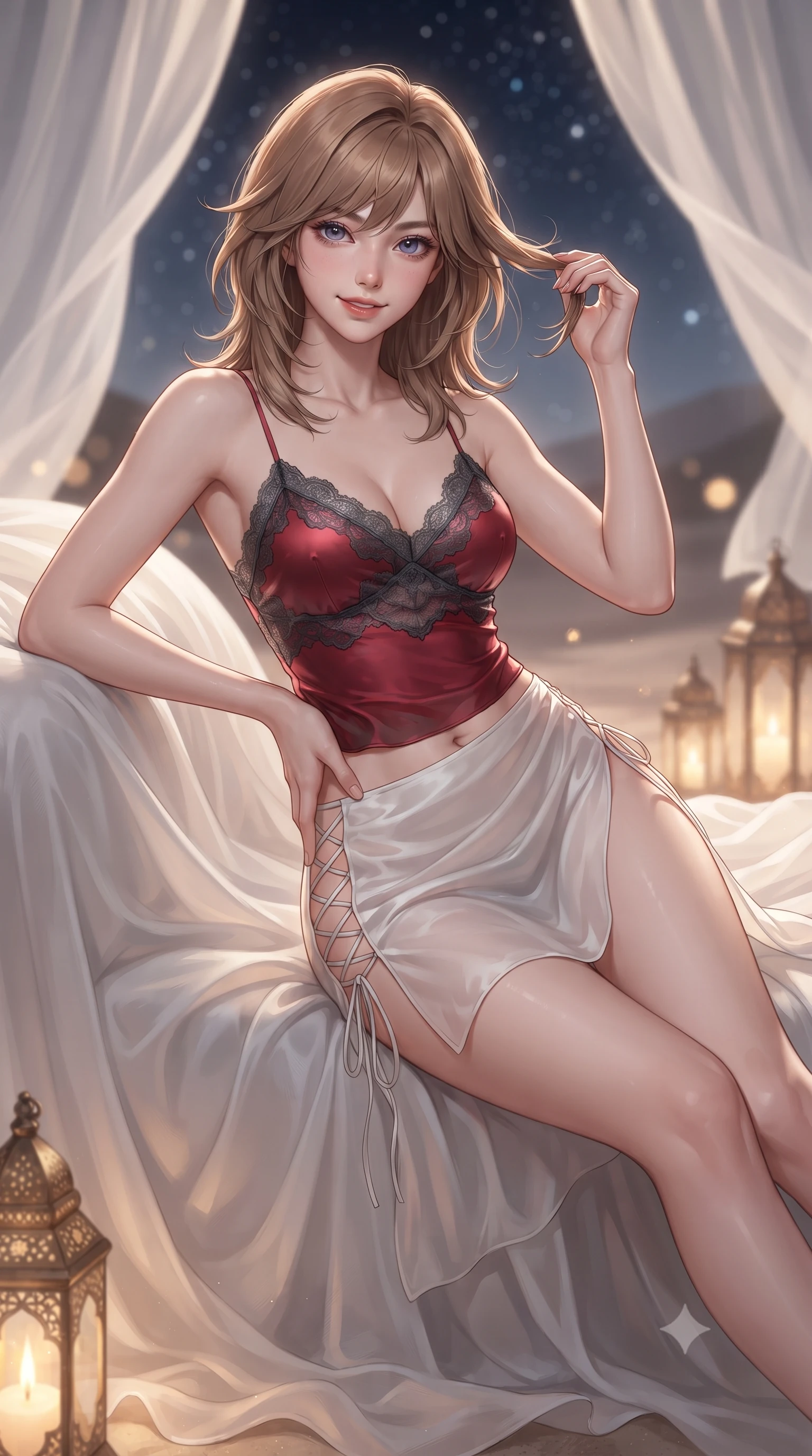 score_9, masterpiece, best quality, ultra-detailed, high-budget anime keyframe, editorial fashion photography, tasteful artistic composition, Korean woman. close-up cowboy shot from the waist and thighs up, the character dominates the composition, filling the frame with her large presence. twisting her slender torso in an alluring contrapposto stance, one hand resting on her sculpted hip while her fingers toy with her hair with effortless poise while lounging across the oversized plush silk divan draped in flowing sheer white linen, arching her spine with effortless supermodel poise under the stars. The background shows a soft-focus flowing sheer white linen curtains billowing in desert breeze, glowing pierced brass floor lanterns, and endless desert stars blurred into ivory, amber, and midnight-blue bokeh. She has an exceptionally elegant, slender, and willowy female figure with an ultra-slim waist, flat toned midriff, narrow ribcage, and sculpted feminine hips creating an alluring, slim hourglass silhouette without bulk. sharp v-shaped jawline, high-bridge nose, sparkling eyes with hypnotic seductive depth, thick curled eyelashes, glossy parted lips with a natural dewy peach sheen, alluring bedroom-eyes with an enchanting coquettish smile, exuding magnetic siren charisma and sophisticated glamour, flawlessly proportioned anatomical accuracy, strict slender model proportions, natural body alignment, perfectly sculpted long slender limbs, ultra-slim waistline, clean dynamic posture without body distortion. wearing a delicate lace-trimmed silk camisole paired with a draped satin wrap sarong mini skirt with high side slit in rich cherry lacquer and smoky charcoal, made of sheer gossamer chiffon that drapes softly against skin with airy translucence, featuring fine criss-cross lace-up side ties revealing tantalizing glimpses of her hip curve, the precision-cut side openings and low-back scoop framing her graceful spine and the sensual sweep of her slim, toned hips. illuminated by lantern light scatter and sharp starry-platinum rim lights defining her delicate clavicles, ultra-slim waist, and curvy hips. ultra-reflective glossy finish, specular highlights, rich textural contrasts, high-contrast stereoscopic depth, volumetric dynamic lighting, 2k, ultra detail, master piece, 9:16 ratio