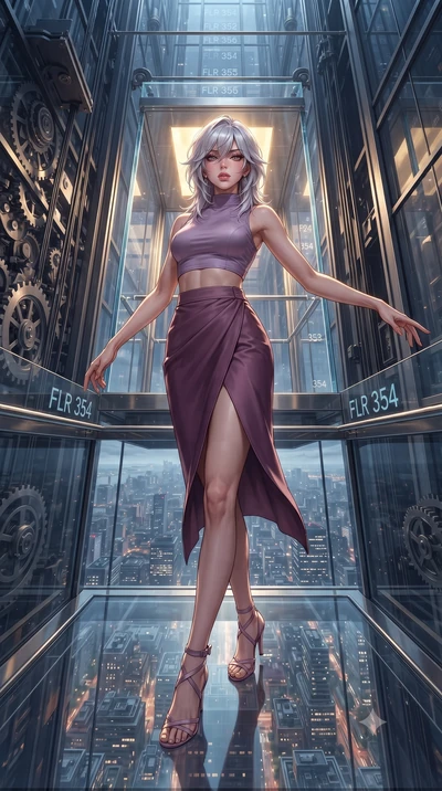 score_9, masterpiece, best quality, ultra-detailed, high-budget anime keyframe, editorial fashion photography, tasteful artistic composition, Japanese woman. low angle full-body shot from head to toe showing her feet, filling the entire 9:16 vertical