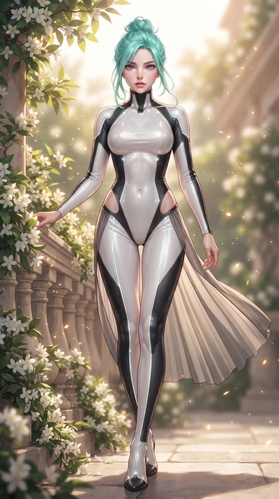 score_9, masterpiece, best quality, ultra-detailed, high-budget anime keyframe, editorial fashion photography, tasteful artistic composition, Japanese woman. low angle full-body shot from head to toe showing her feet, filling the entire 9:16 vertical