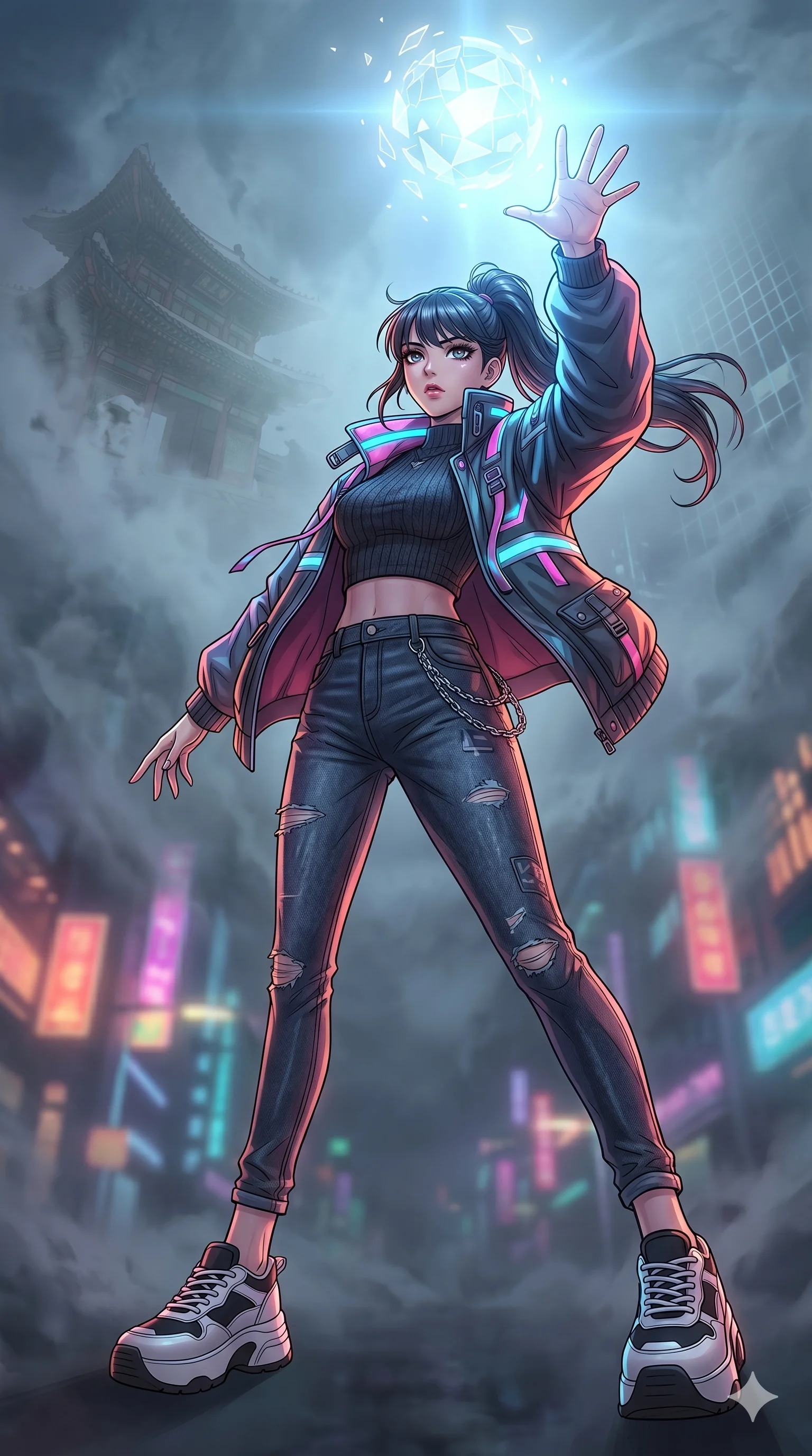 score_9, masterpiece, best quality, ultra-detailed, high-budget anime movie keyframe, cinematic anime lighting, intricate line art, Caucasian (strictly human ears) woman. Dynamic full-body shot stretching the vertical silhouette with extreme perspective. reaching out for a disappearing memory in a world of mist. She has an graceful and slender female figure with elegant proportions. strictly human anatomy, two legs only, no extra limbs, clearly defined legs and arms, well-defined anatomy, perfect hands and fingers. sharp v-shaped jawline, high-bridge nose, intricate jewel-like eyes, thick eyelashes, glossy lips. Wearing Urban Trendsetter: Stylish urban outfit with a fitted top, high-waist denim, and a trendy jacket. The scene is illuminated by dramatic atmospheric lighting and vibrant color palettes. , 2k, ultra detail, master piece, 9:16 ratio