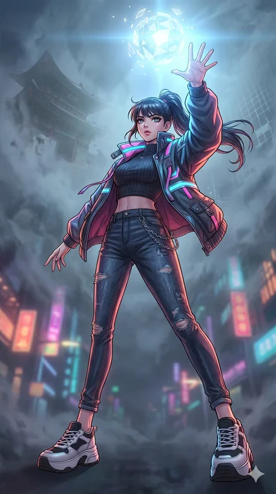score_9, masterpiece, best quality, ultra-detailed, high-budget anime movie keyframe, cinematic anime lighting, intricate line art, Caucasian (strictly human ears) woman. Dynamic full-body shot stretching the vertical silhouette with extreme perspect