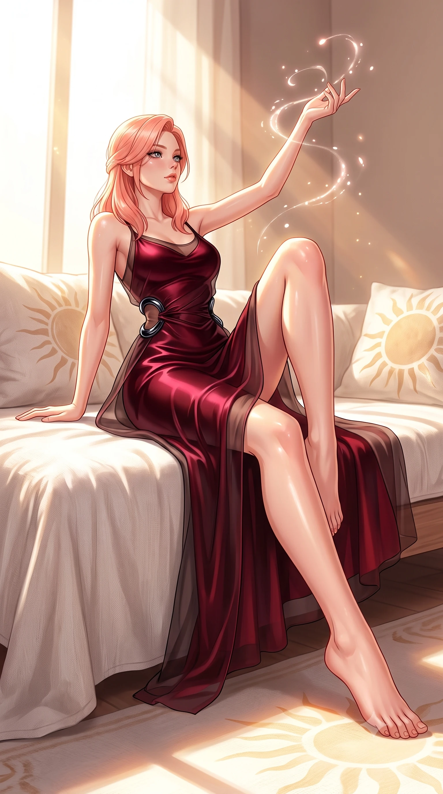 score_9, masterpiece, best quality, ultra-detailed, high-budget anime keyframe, editorial fashion photography, tasteful artistic composition, Japanese woman. low angle full-body shot from head to toe showing her feet, filling the entire 9:16 vertical frame with her statuesque presence, stretching her vertical silhouette. interacting with glowing light particles, her long slender legs poised in motion, lounging on a white linen daybed as warm afternoon sunbeams flood the room, dewy natural skin glow under bright sun-drenched lighting. She has an absolutely perfect, statuesque 8.5-heads proportion, an exceptionally tall and slender model-like female figure with impossibly long slender legs and an ultra-slim waist. sharp v-shaped jawline, high-bridge nose, intricate jewel-like eyes with depth, thick eyelashes, glossy lips with a natural sheen. wearing form-contouring dark crimson liquid silk long slip dress in midnight navy blue, made of sheer dark organza overlay, accented with sculpted obsidian chrome rings at the waist, contouring every curve with an exceptionally elegant silhouette. illuminated by bright natural key rays and soft ambient fill light. highly saturated vibrant anime colors, detailed shading with soft gradients, rich glossy textures, high-contrast stereoscopic depth, volumetric dynamic lighting, master piece, 9:16 ratio