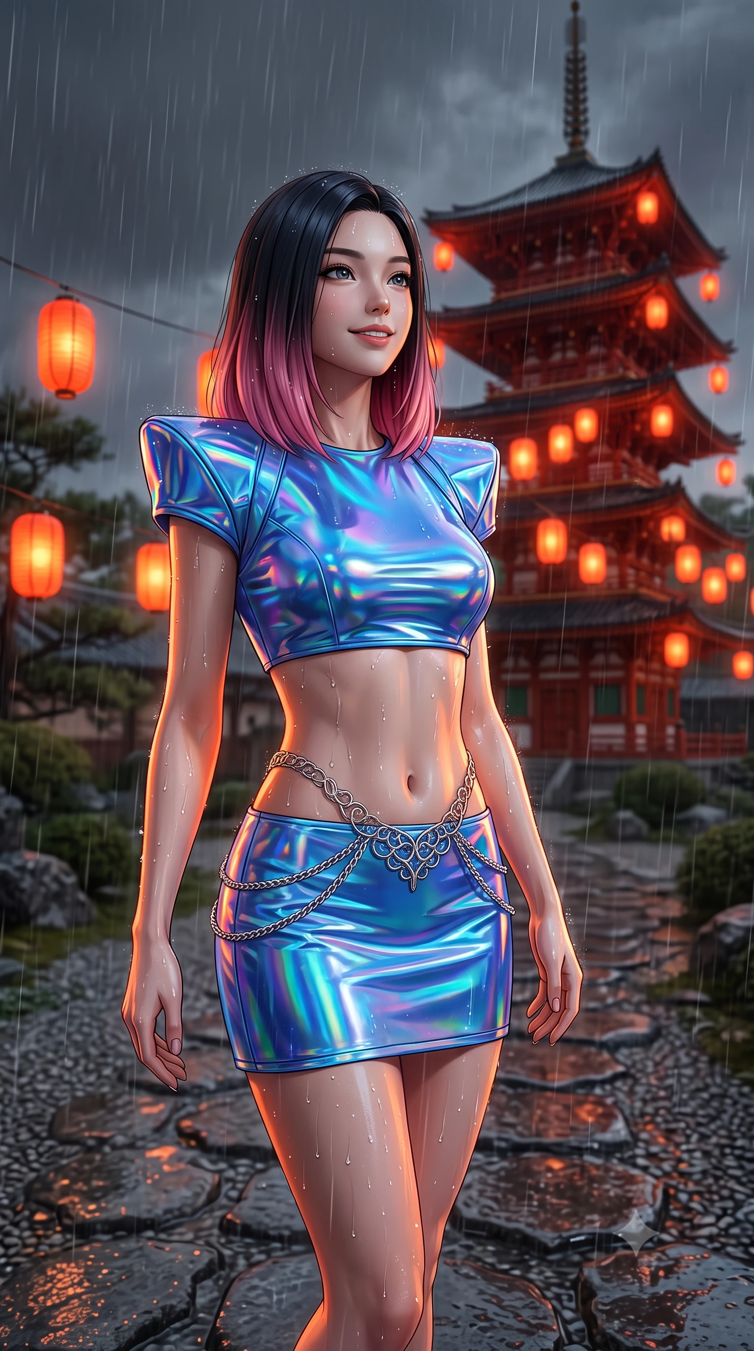 score_9, masterpiece, best quality, ultra-detailed, high-budget anime keyframe, editorial fashion photography, tasteful artistic composition, Korean woman. close-up cowboy shot from the waist and thighs up, the character dominates the composition, filling the frame with her large presence, background elements kept in soft focus. Gazing ahead with a happy, optimistic expression and a gentle smile. set against a soft-focus background of on a stone path of a garden during a heavy warm summer rain shower, looking at a tall red wooden pagoda with floating red paper lanterns. She has an exceptionally elegant, slender, and willowy female figure with a highly-defined ultra-slim waist, a gracefully sculpted slender torso, and a refined slim-fit silhouette that contours her form. sharp v-shaped jawline, high-bridge nose, intricate jewel-like eyes with depth, thick eyelashes, glossy lips with a natural sheen. wearing a holographic mini dress in electric blue, featuring structured shoulder pads, an exposed midriff, and a silver waist chain. warm orange glow from the paper lanterns contrasting with the cool, dark grey rain-swept sky. 2k, ultra detail, master piece, 9:16 ratio