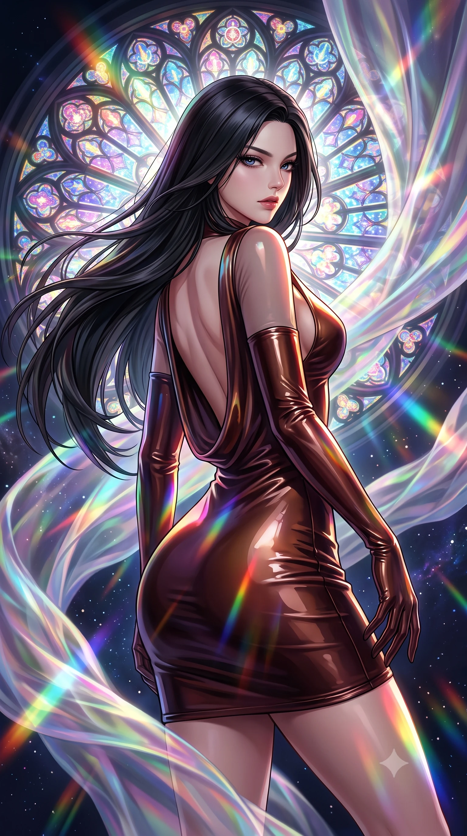 score_9, masterpiece, best quality, ultra-detailed, high-budget anime keyframe, editorial fashion photography, tasteful artistic composition, Korean woman. close-up cowboy shot from the waist and thighs up, the character dominates the composition, filling the frame with her large presence, background elements kept in soft focus. Pivoting sharply while looking back over her shoulder with heavy lashes and a confident, intense gaze while performing a mid-air rotation in front of a giant stained glass rose window in space, translucent silk drapes swirling in a dynamic cosmic wind vortex. She has an exceptionally elegant, slender, and willowy female figure with an ultra-slim waist, a gracefully sculpted slender torso, and a refined silhouette. sharp v-shaped jawline, high-bridge nose, intricate jewel-like eyes with depth, thick eyelashes, glossy lips with a natural sheen, flawlessly proportioned anatomical accuracy, natural body alignment, perfectly sculpted elegant limbs, clean dynamic posture without body distortion. wearing a precision-fitted liquid jersey bodycon dress with a graceful draped back in deep burgundy and bronze, tailored from high-gloss patent leather, accented with a Tasteful chest slit framing her clavicle gracefully, the glove-like fit emphasizing her statuesque silhouette during motion. illuminated by cascading rainbow prismatic light refracting through stained glass. highly saturated vibrant anime colors, detailed shading with soft gradients, rich glossy textures, high-contrast stereoscopic depth, volumetric dynamic lighting, master piece, 9:16 ratio