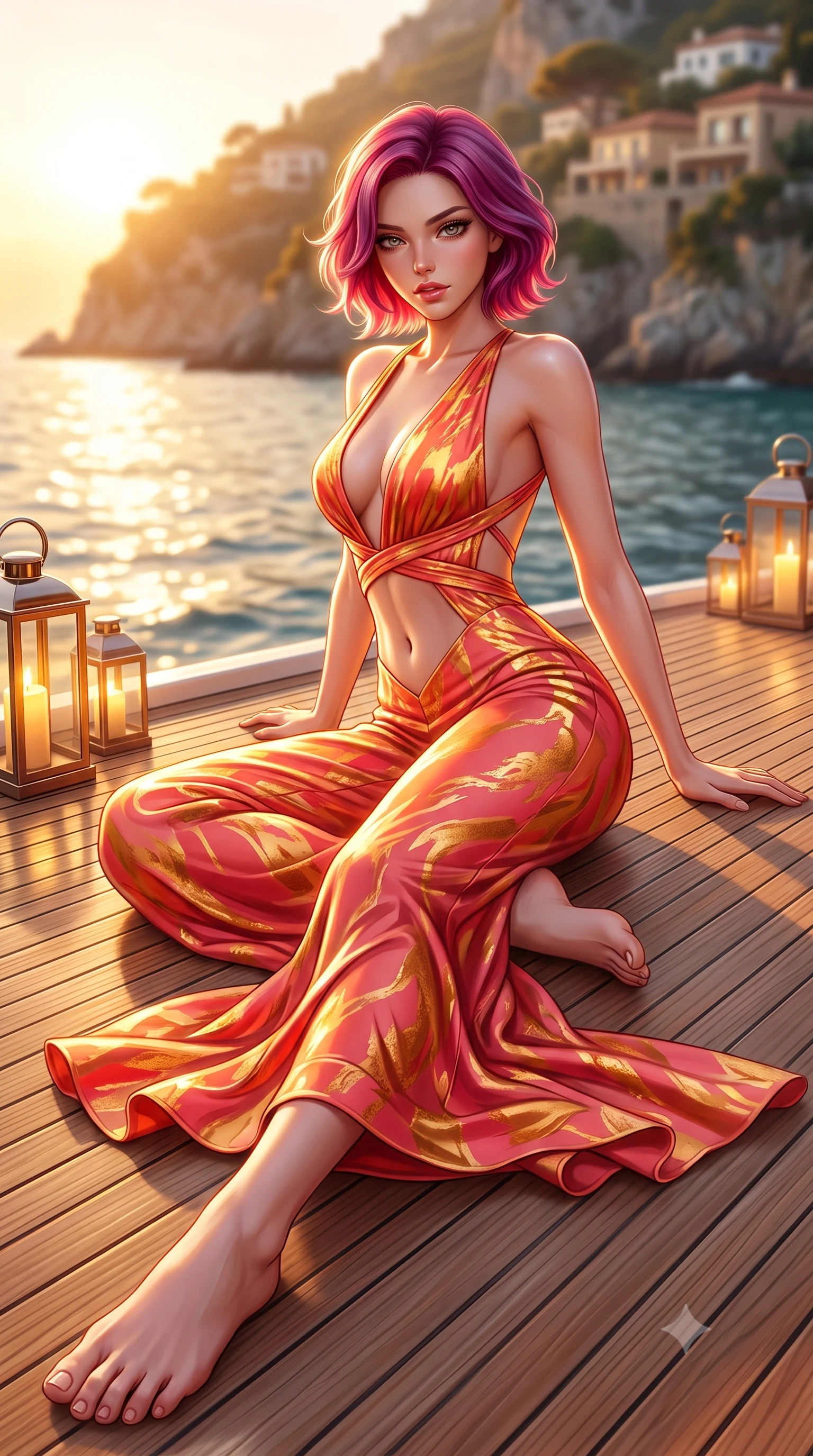 score_9, masterpiece, best quality, ultra-detailed, high-budget anime keyframe, semi-realistic 3D game render, editorial fashion photography, tasteful artistic composition, Caucasian woman. low angle full-body shot from head to toe showing her feet, filling the entire 9:16 vertical frame with her statuesque presence, stretching her vertical silhouette. reclining on her side in an elegant Cleopatra pose with one knee drawn up, the dramatic contour of her rounded hips and long slender legs commanding the 9:16 vertical frame while striding across the teak deck before pausing to pivot her hips in an alluring 3/4 rear view, sea breeze fluttering her form-fitting garments. The composition keeps background elements in soft focus with creamy bokeh. glittering golden Mediterranean waves and distant coastal cliff villas blurred into molten amber, peach, and turquoise bokeh. She has an absolutely perfect, statuesque 8.5-heads proportion, an exceptionally tall and slender model-like female figure with impossibly long slender legs, a toned flat midriff, an ultra-slim waist, and beautifully sculpted feminine hips. sharp v-shaped jawline, high-bridge nose, intricate jewel-like eyes with depth, thick eyelashes, glossy parted lips with a natural sheen, intensely captivating and seductive bedroom-eyes expression, flawlessly proportioned anatomical accuracy, strict slender model proportions, natural body alignment, perfectly sculpted long slender limbs, ultra-slim waistline, clean dynamic posture without body distortion. wearing a plunging-V neckline resort jumpsuit with an open back and wide palazzo legs in vibrant sunset coral and molten gold, tailored from crisp structured cotton poplin with organic dye, accented with criss-cross back straps highlighting her graceful bare spine, the second-skin form-contouring cut accentuating her sculpted flat midriff, narrow waistline, and dramatically curvy hips without adding bulk. bathed in glorious golden hour sunset backlighting and warm amber deck lantern fill. highly saturated vibrant anime colors, detailed shading with soft gradients, rich glossy textures, high-contrast stereoscopic depth, volumetric dynamic lighting, master piece, 9:16 ratio