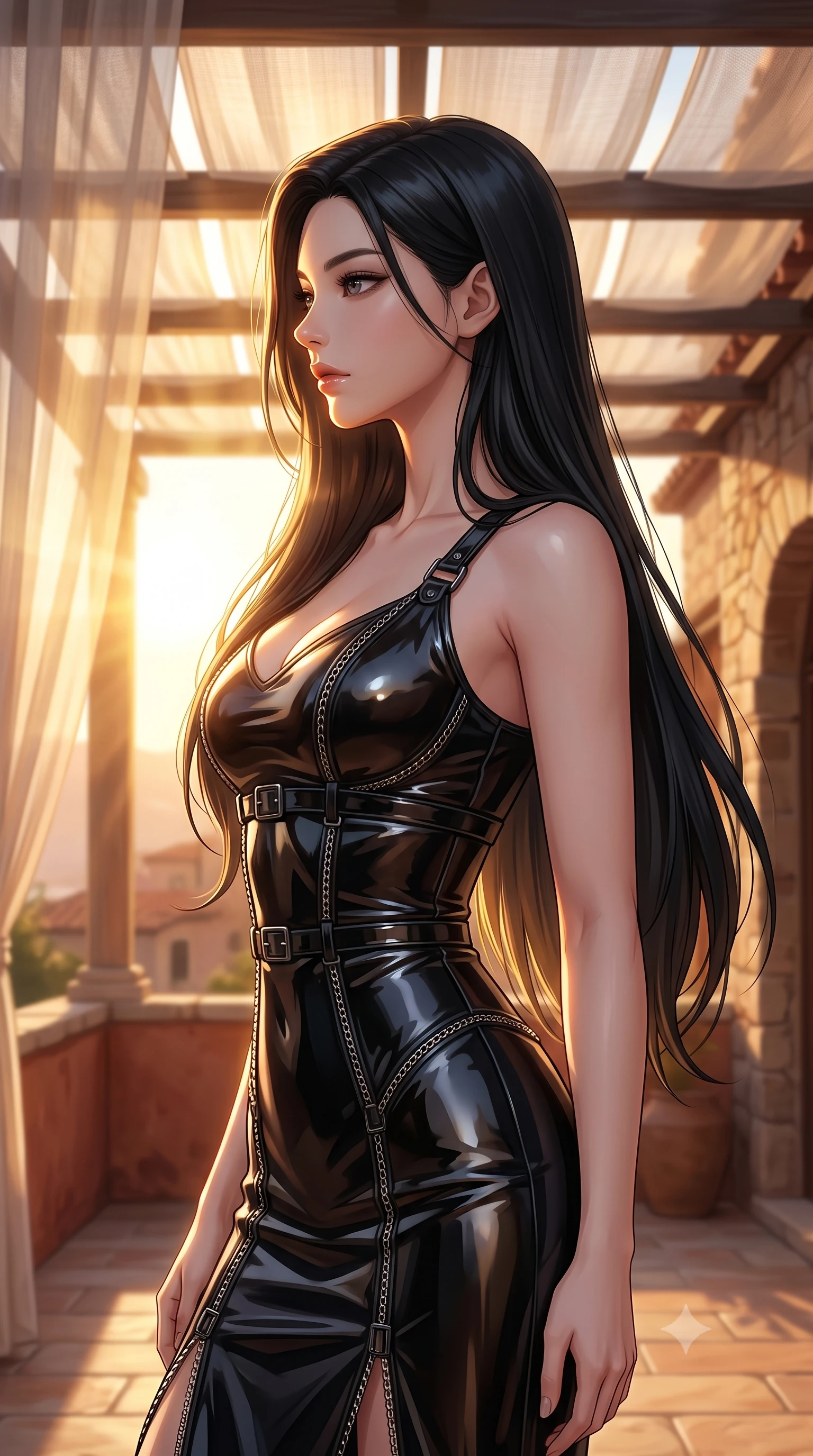 score_9, masterpiece, best quality, ultra-detailed, high-budget anime keyframe, editorial fashion photography, tasteful artistic composition, Korean woman. close-up cowboy shot from the waist and thighs up, the character dominates the composition, filling the frame with her large presence, background elements kept in soft focus. Turning her face in sharp dramatic profile against the key light, poised beneath a sheer linen pergola as golden-hour sunbeams flood the terrace, terracotta and stone architecture providing a rich Mediterranean color palette. She has an exceptionally elegant, slender, and willowy female figure with an ultra-slim waist, a gracefully sculpted slender torso, and a refined silhouette. sharp v-shaped jawline, high-bridge nose, intricate jewel-like eyes with depth, thick eyelashes, glossy lips with a natural sheen. wearing sculpted form-fitting dark velvet column gown in pitch black in pitch-black onyx, made of high-gloss liquid vinyl, framed by dark titanium buckles and silver chain details, following her slender form with tailored precision. surrounded by a radiant sunset ambiance with bright golden rim lights. highly saturated vibrant anime colors, detailed shading with soft gradients, rich glossy textures, high-contrast stereoscopic depth, volumetric dynamic lighting, master piece, 9:16 ratio