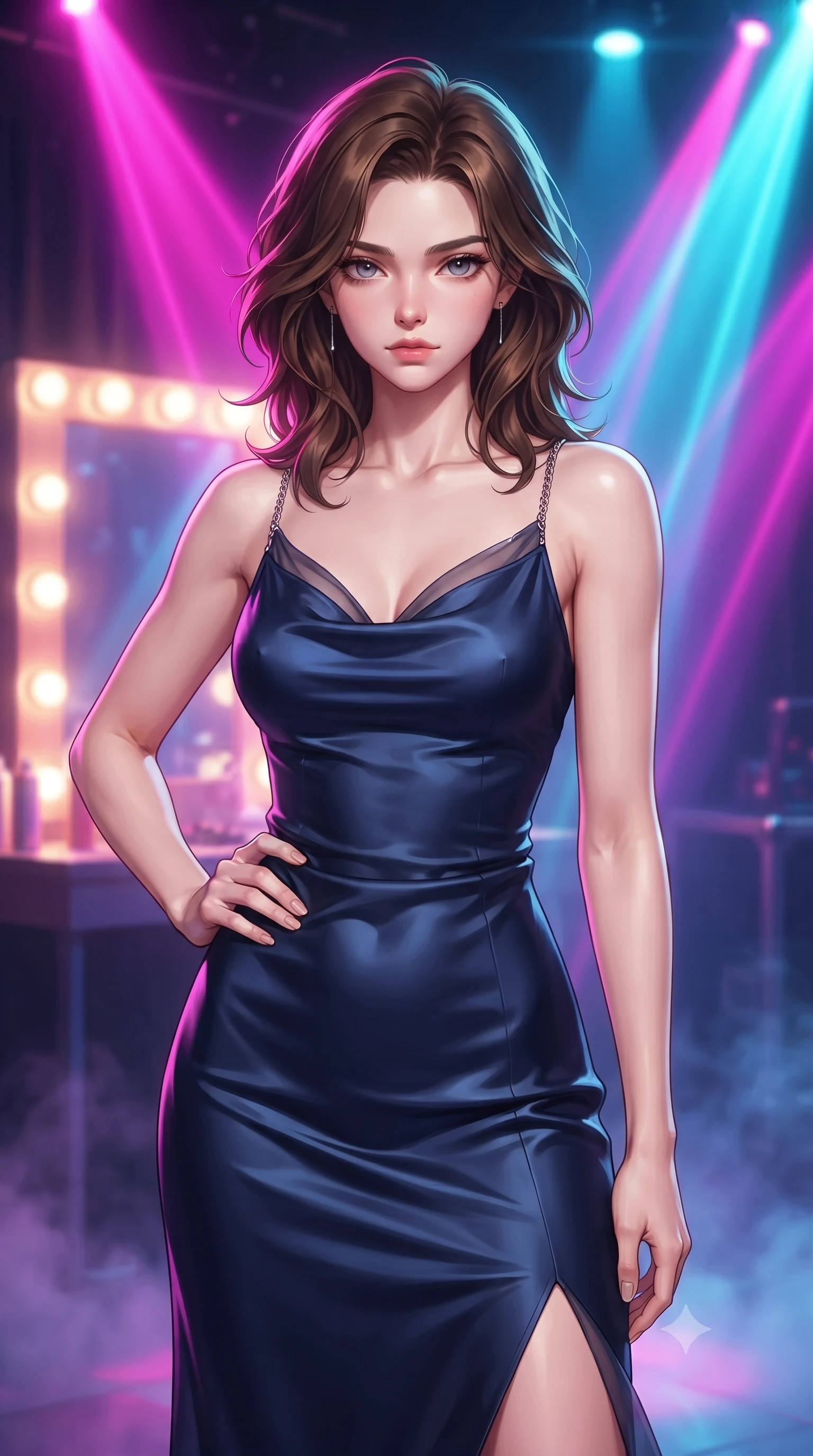 score_9, masterpiece, best quality, ultra-detailed, high-budget anime keyframe, editorial fashion photography, tasteful artistic composition, Korean woman. close-up cowboy shot from the waist and thighs up, the character dominates the composition, filling the frame with her large presence, background elements kept in soft focus. Holding a confident power pose with one hand on her hip, gazing directly into the camera with quiet intensity resting backstage near a glowing mirror vanity filled with stage lights, intense volumetric laser beams cutting through stage fog in magenta and cyan. She has an exceptionally elegant, slender, and willowy female figure with an ultra-slim waist, a gracefully sculpted slender torso, and a refined silhouette. sharp v-shaped jawline, high-bridge nose, intricate jewel-like eyes with depth, thick eyelashes, glossy lips with a natural sheen. wearing an elegant cowl-neck satin midi dress with a draped neckline in midnight navy blue and chrome trim, woven from fine semi-opaque sheer organza, adorned with delicate metallic chain straps along the neckline, the glove-like fit emphasizing her statuesque silhouette. surrounded by an electric, high-energy performer aura. highly saturated vibrant anime colors, detailed shading with soft gradients, rich glossy textures, high-contrast stereoscopic depth, volumetric dynamic lighting, master piece, 9:16 ratio