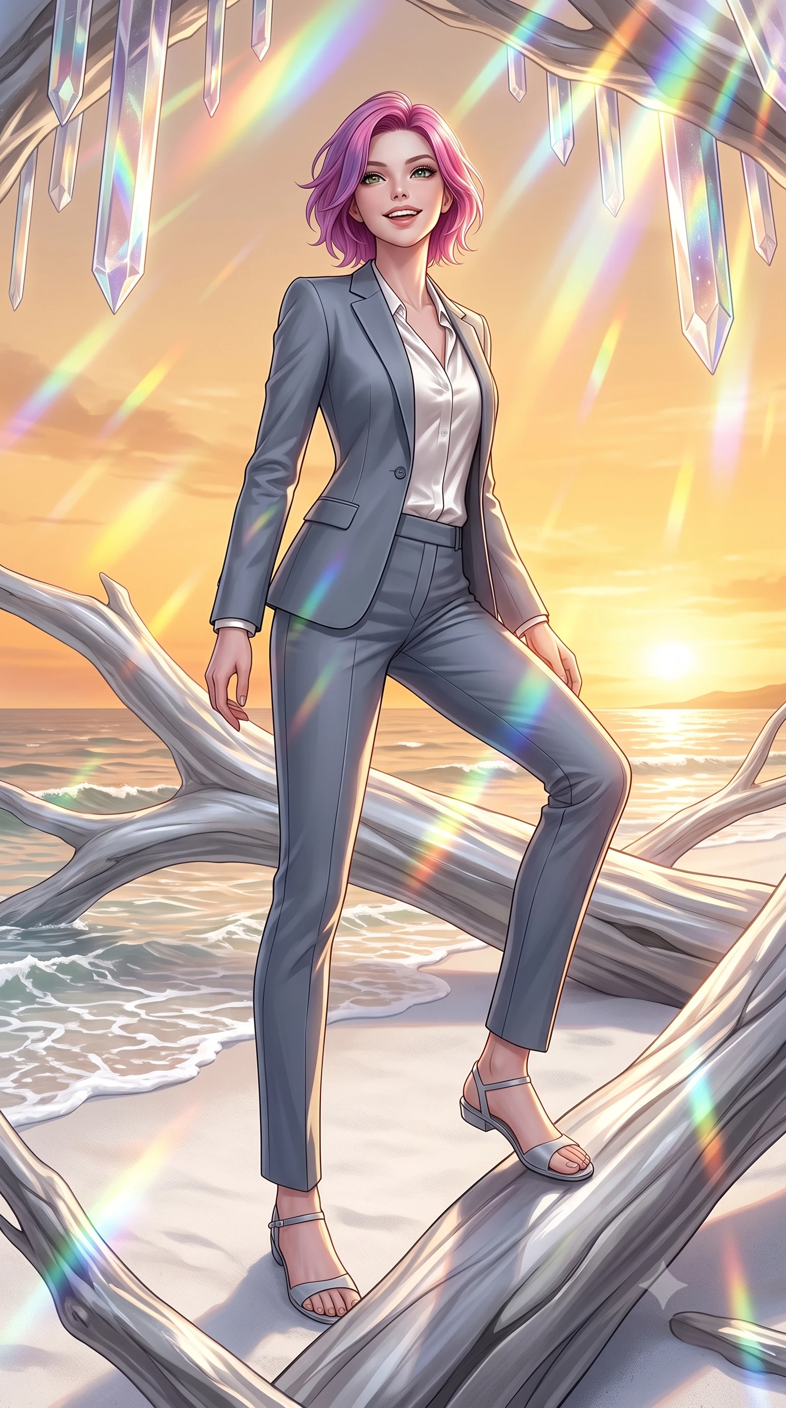 score_9, masterpiece, best quality, ultra-detailed, high-budget anime keyframe, editorial fashion photography, tasteful artistic composition, Caucasian woman, strictly human ears. low angle full-body shot from head to toe showing her feet, filling the entire 9:16 vertical frame with her statuesque presence, stretching her vertical silhouette. ascending with a radiant, excited smile through on a white sand beach filled with large, smooth silver driftwood logs, with gentle ocean waves lapping at the shore under a warm amber sky. She has a statuesque 8.5-heads proportion, an exceptionally tall, slender and willowy model-like build with impossibly long legs and a highly sculpted ultra-slim waist. sharp v-shaped jawline, high-bridge nose, intricate jewel-like eyes with depth, thick eyelashes, glossy lips with a natural sheen. wearing a sleek tailored slim-fit slate grey pantsuit with a single button, worn over a white satin blouse. cascading rainbow prismatic light refracting through crystal formations overhead. 2k, ultra detail, master piece, 9:16 ratio