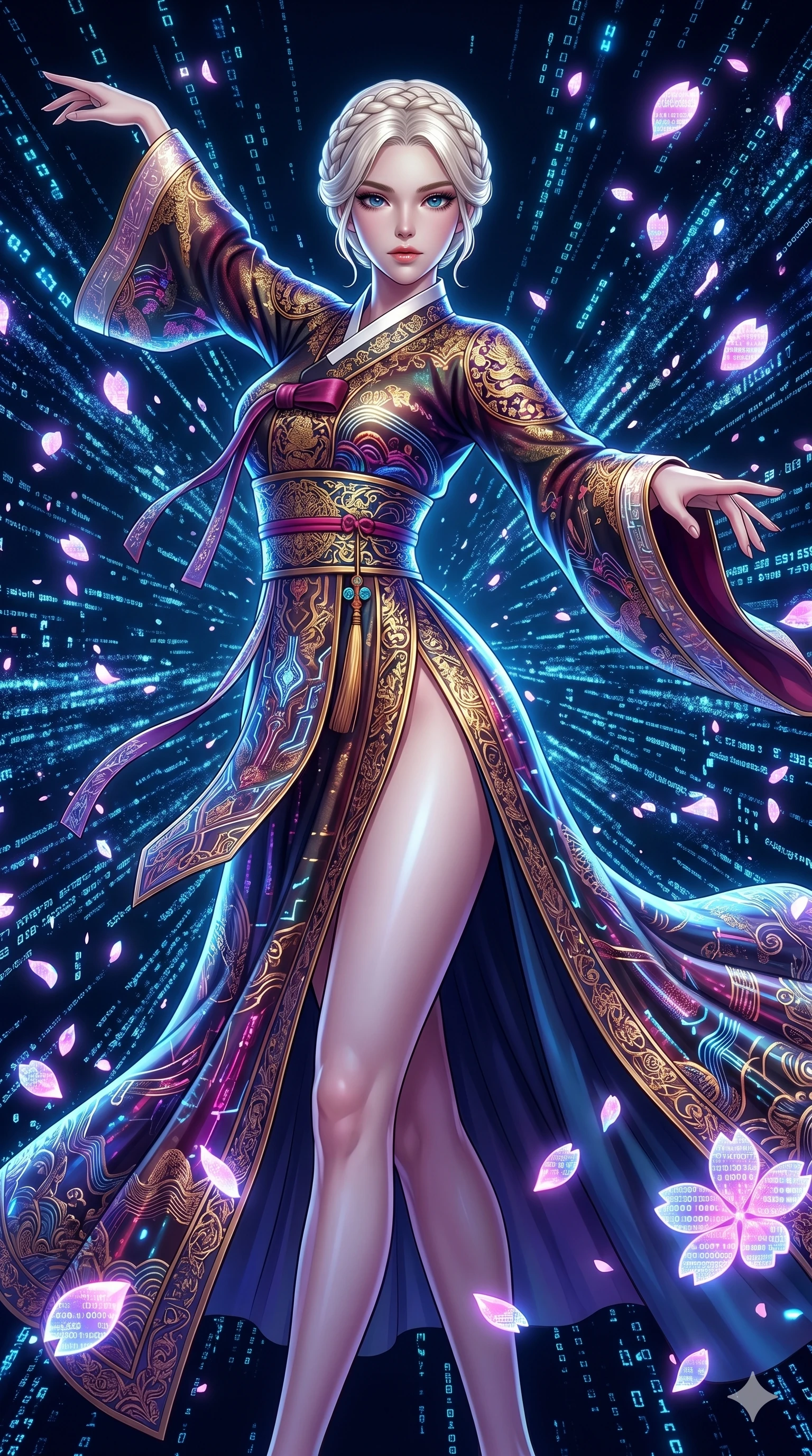 score_9, masterpiece, best quality, ultra-detailed, Set A: High-budget Anime Keyframe, Korean woman. Upper body close-up from the thighs up, character filling the screen for maximum presence. Dancing through a virtual reality void, while a digital blizzard of 59 bits obscures the horizon and surrounded by digital sakura petals. She has an absolutely perfect 8-heads proportion, an exceptionally tall and slender female figure with impossibly long slender legs and an ultra-slim waist. Sharp v-shaped jawline, high-bridge nose, intricate jewel-like eyes with depth, thick eyelashes, glossy lips with a natural sheen. Wearing Ornate traditional silk gown with futuristic glowing patterns and a massive high slit. Cinematic lighting, vibrant colors, dramatic shadows, 2k, ultra detail, master piece, 9:16 ratio