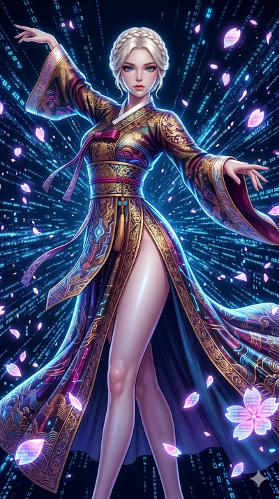 score_9, masterpiece, best quality, ultra-detailed, Set A: High-budget Anime Keyframe, Korean woman. Upper body close-up from the thighs up, character filling the screen for maximum presence. Dancing through a virtual reality void, while a digital bl