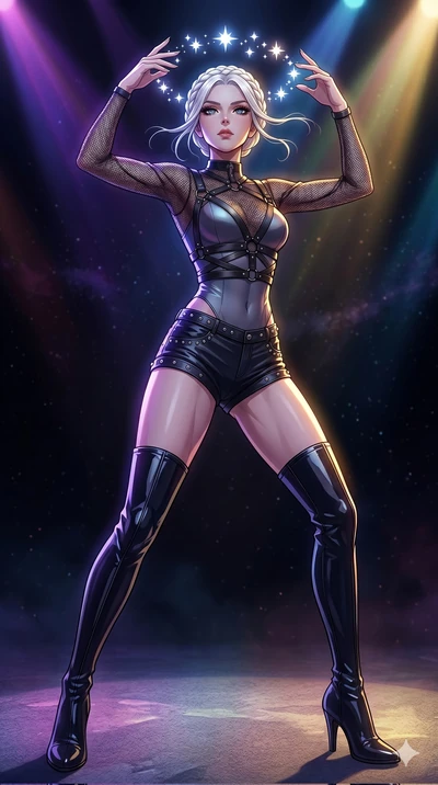 score_9, masterpiece, best quality, ultra-detailed, high-budget anime movie keyframe, cinematic anime lighting, intricate line art, Caucasian (strictly human ears) woman. Low angle cowboy shot capturing a powerful motion and statuesque presence. weav