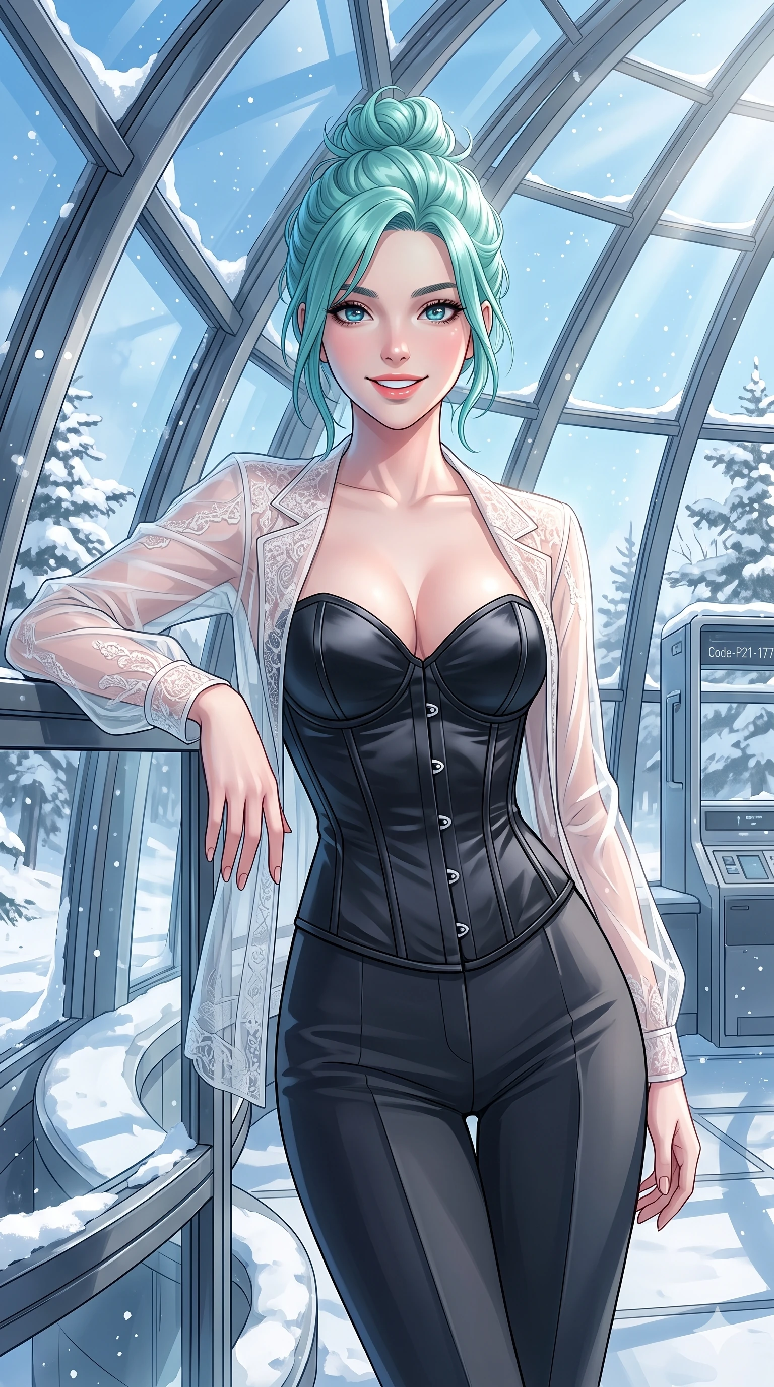 score_9, masterpiece, best quality, ultra-detailed, high-budget anime keyframe, vibrant anime aesthetic, Japanese woman. cowboy shot from the thighs up, character and outfit filling the frame for maximum presence. She is leaning against a glass door, looking at the camera with a bright, friendly winter smile in snow inside a modern glass dome in the winter afternoon (Code-P21-177). She has an absolutely perfect 8-heads proportion, an exceptionally tall and slender female figure with impossibly long slender legs and an ultra-slim waist. V-shaped jawline, high-bridge nose, intricate jewel-like eyes with depth, thick eyelashes, glossy lips with a natural sheen. wearing a structured satin corset showing her cleavage and a sheer jacket in winter. She is illuminated by a brilliant midday winter sun, highlighting her athletic figure and smile. 2k, ultra detail, master piece, 9:16 ratio