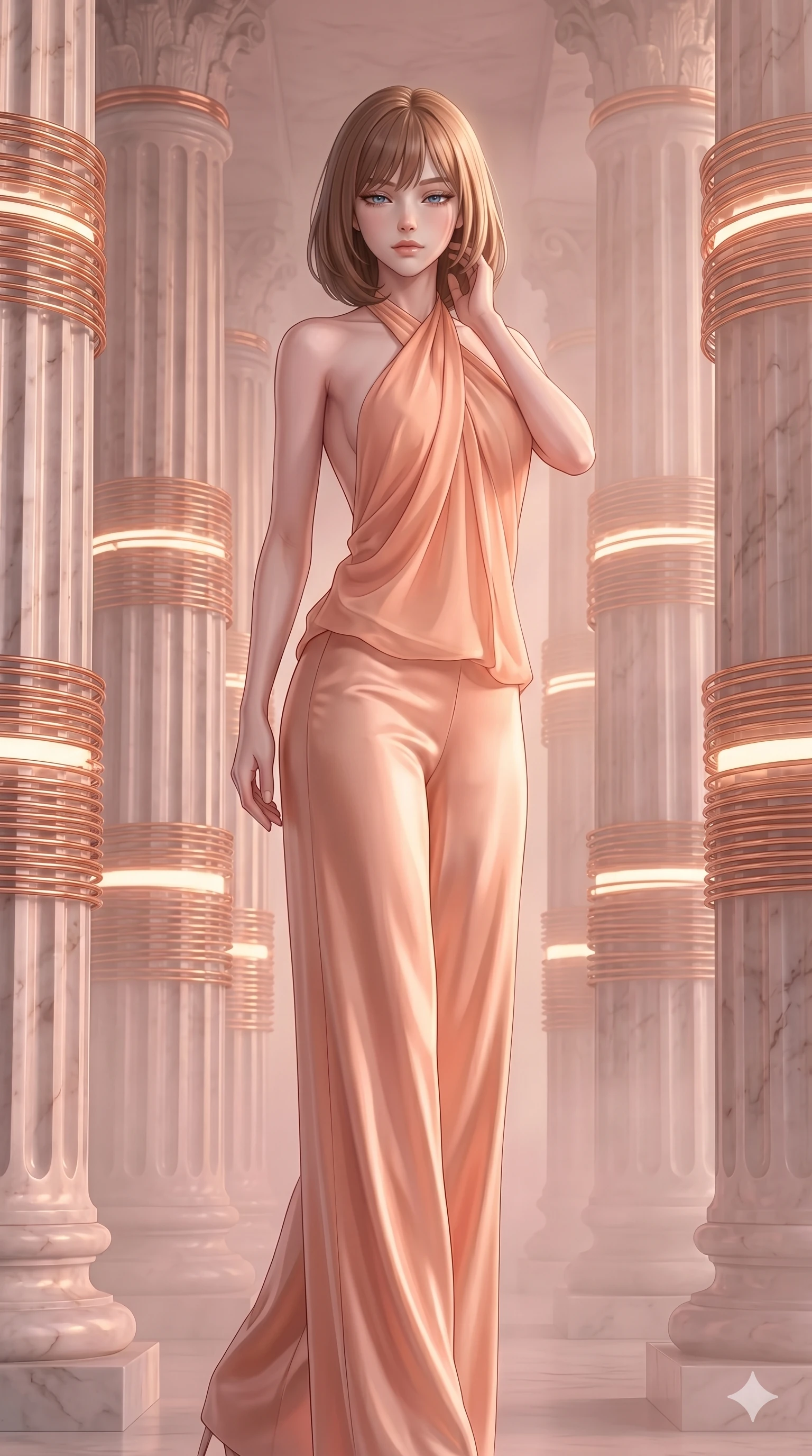 score_9, masterpiece, best quality, ultra-detailed, high-budget anime keyframe, editorial fashion photography, tasteful artistic composition, Caucasian woman, strictly human ears. cowboy shot from the thighs up, character and outfit filling the frame for maximum editorial presence. Arching her neck slightly with her eyes half-closed in composure within a hall of giant marble pillars wrapped in bands of glowing copper wire. She has an absolutely perfect 8-heads proportion, an exceptionally tall and slender female figure with impossibly long slender legs and an ultra-slim waist. V-shaped jawline, high-bridge nose, intricate jewel-like eyes with depth, thick eyelashes, glossy lips with a natural sheen. wearing a draped halter top in peach chiffon with an open back, paired with matching wide-leg trousers in flowing satin. bathed in soft rose-gold dawn light filtering through atmospheric volumetric fog that wraps her silhouette. 2k, ultra detail, master piece, 9:16 ratio