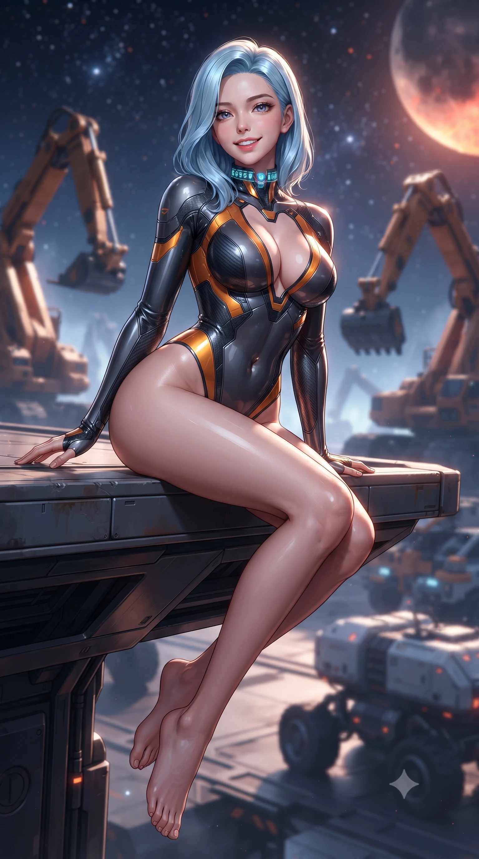 score_9, masterpiece, best quality, ultra-detailed, high-budget anime keyframe, editorial fashion photography, tasteful artistic composition, Korean woman. low angle full-body shot from head to toe showing her feet, filling the entire 9:16 vertical frame with her statuesque presence, stretching her vertical silhouette. sitting perched on the elevated maintenance gantry edge with legs crossed and hips angled toward the camera, displaying her toned midriff and long slender limbs with joyful, coquettish charm while twisting her slender torso in an alluring S-curve, cosmic starlight and volcanic moon glows highlighting her narrow waist and curvy hips. The background shows a soft-focus towering robotic excavator arms and automated transport rovers softened in off-world mining shallow focus. She has an absolutely perfect, statuesque 8.5-heads proportion, an exceptionally tall and slender model-like female figure with impossibly long slender legs, an ultra-slim waist, a flat toned midriff, narrow delicate ribcage, and beautifully sculpted feminine hips creating a graceful, slim hourglass silhouette without any bulky heaviness. sharp v-shaped jawline, high-bridge nose, intricate jewel-like sparkling eyes with depth, thick eyelashes, glossy parted lips with a natural sheen, bright confident smile with an enchanting and coquettish sensual glint, exuding both youthful magnetic charm and sovereign high-tech allure, flawlessly proportioned anatomical accuracy, strict slender model proportions, natural body alignment, perfectly sculpted long slender limbs, ultra-slim waistline, clean dynamic posture without body distortion. wearing a glossy vinyl and carbon-fiber hybrid bodysuit with a plunging neckline and high-cut leg openings in stealth charcoal slate and molten laser orange, tailored from ultra-reflective glossy liquid vinyl with mirror-like specular highlights, complemented by a high-tech holographic choker projecting miniature glyphs, the aerodynamic second-skin silhouette tightly following the natural contour of her hips and long slender legs with youthful 8.5-heads elegance. illuminated by ground reflections and sharp platinum rim lights defining her slim torso, narrow waist, and curvy hips. ultra-reflective glossy finish, specular highlights, rich textural contrasts, high-contrast stereoscopic depth, volumetric dynamic lighting, 2k, ultra detail, master piece, 9:16 ratio