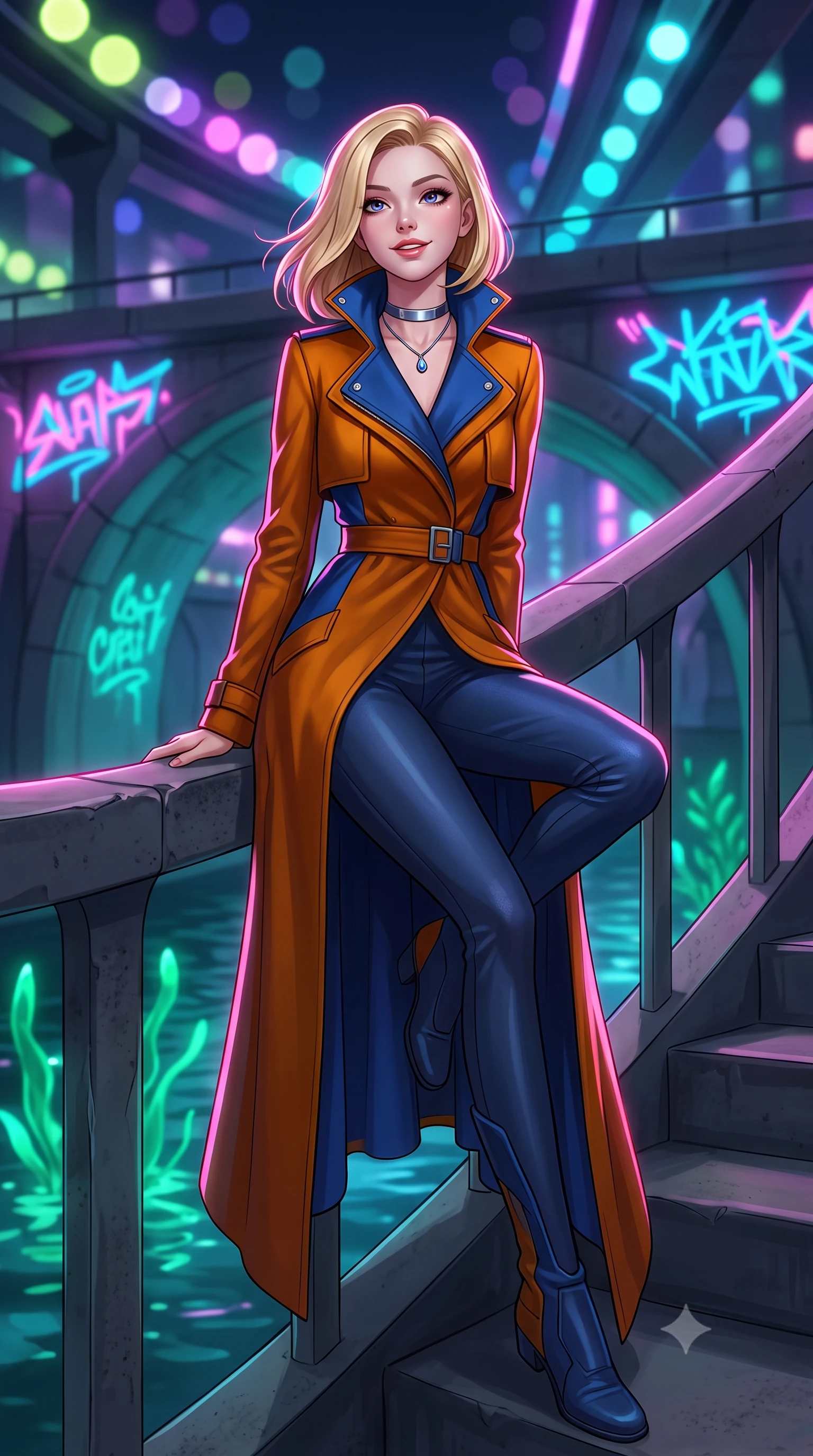 score_9, masterpiece, best quality, ultra-detailed, high-budget anime keyframe, semi-realistic 3D game render, editorial fashion photography, tasteful artistic composition, Korean woman. low angle full-body shot from head to toe showing her feet, filling the entire 9:16 vertical frame with her statuesque presence, stretching her vertical silhouette. sitting poised on the stone steps with one knee bent, arching her spine with supermodel elegance as she glances upward through thick eyelashes while sitting poised on the sleek concrete canal ledge with one knee bent, arching her back with playful elegance and parted glossy lips. The background shows a soft-focus bioluminescent emerald water plants, neon graffiti decals glowing on concrete arches, and overhead maglev track lights blurred into lime, violet, and turquoise bokeh. She has an exceptionally tall and slender model-like 8.5-heads proportion, an ultra-slim waist, a flat toned midriff, narrow delicate ribcage, and beautifully sculpted feminine hips creating a graceful, slim hourglass silhouette without any bulky heaviness, with impossibly long slender legs. sharp v-shaped jawline, high-bridge nose, intricate jewel-like sparkling eyes with depth, thick eyelashes, glossy parted lips with a natural peach sheen, bright cheerful beaming smile with an enchanting and coquettish sensual glint, exuding both youthful cute charm and seductive allure, flawlessly proportioned anatomical accuracy, strict slender model proportions, natural body alignment, perfectly sculpted long slender limbs, ultra-slim waistline, clean dynamic posture without body distortion. wearing a tailored high-collar cyberpunk tech-trench coat with magnetic buckle closures and wide storm flaps in Jovian amber and electric storm cobalt, crafted from bespoke double-faced cashmere with an exceptionally soft tactile finish, finished with a minimalist chrome choker and a single teardrop diamond pendant, the impeccably tailored cut draping gracefully along her slender figure with aristocratic poise. illuminated by canal water reflection bounce and sharp neon-pink rim lights sculpting her jawline, narrow waist, and curvy hips. highly saturated vibrant anime colors, detailed shading with soft gradients, rich glossy textures, high-contrast stereoscopic depth, volumetric dynamic lighting, master piece, 9:16 ratio